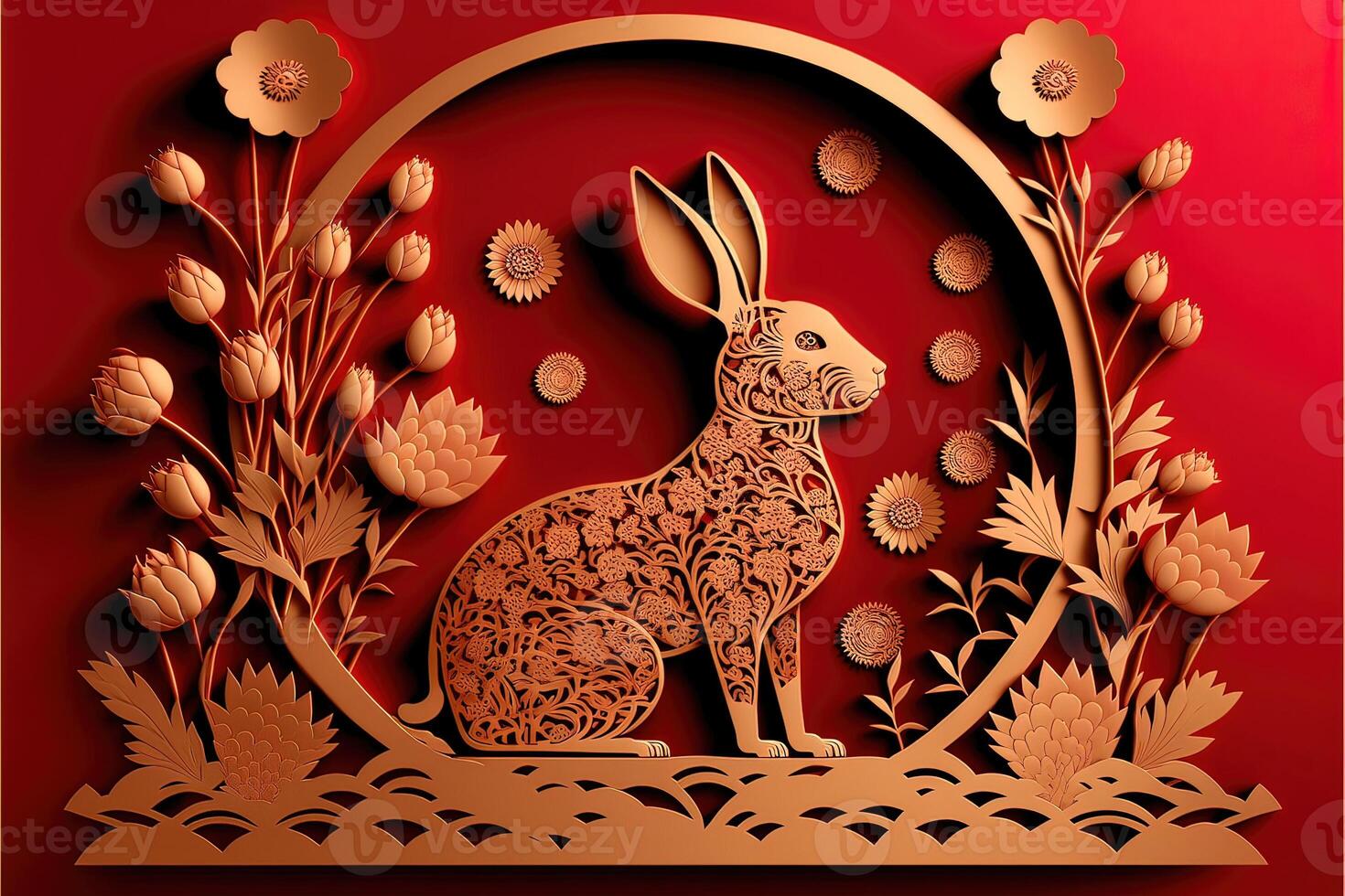 Year of the rabbit zodiac sign with flowers and cloud, Asian style. Gold and red color elements concept. photo