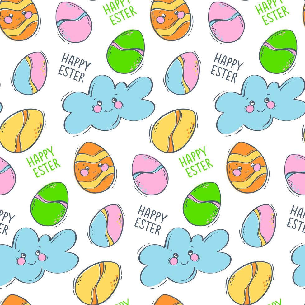 Seamless pattern with decorated Easter eggs on a cute cloud with a smile. Colored eggs for the spring holiday. Flat vector illustration for conceptual design. Greeting card layout.