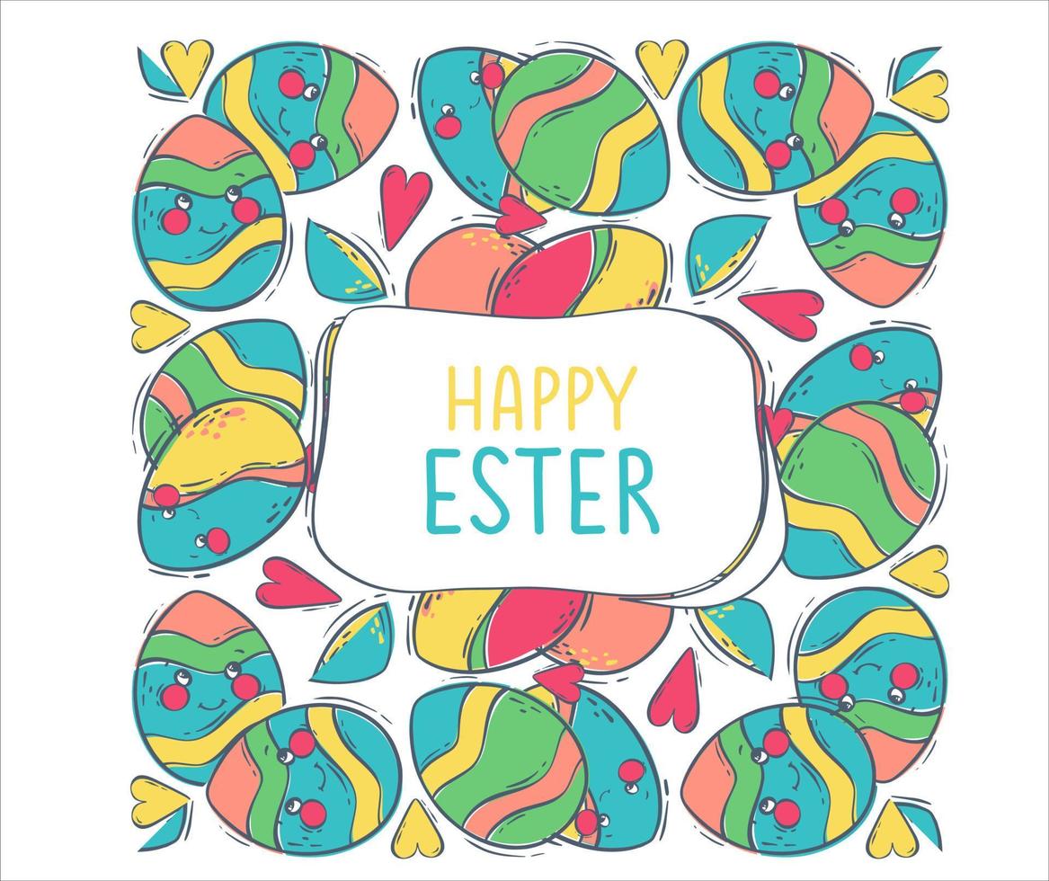 Square Easter frame with colored eggs and a congratulatory inscription. Border with decorated eggs. Colored eggs for Easter spring holiday. Flat vector illustration for concept design.