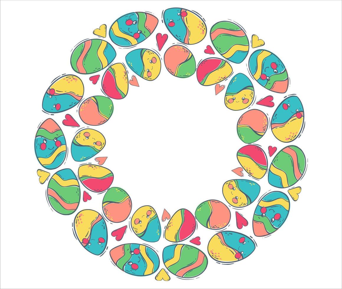 Round Easter frame with colored eggs. Border with decorated eggs. Colored eggs for Easter spring holiday. Flat vector illustration for conceptual design. isolated object.