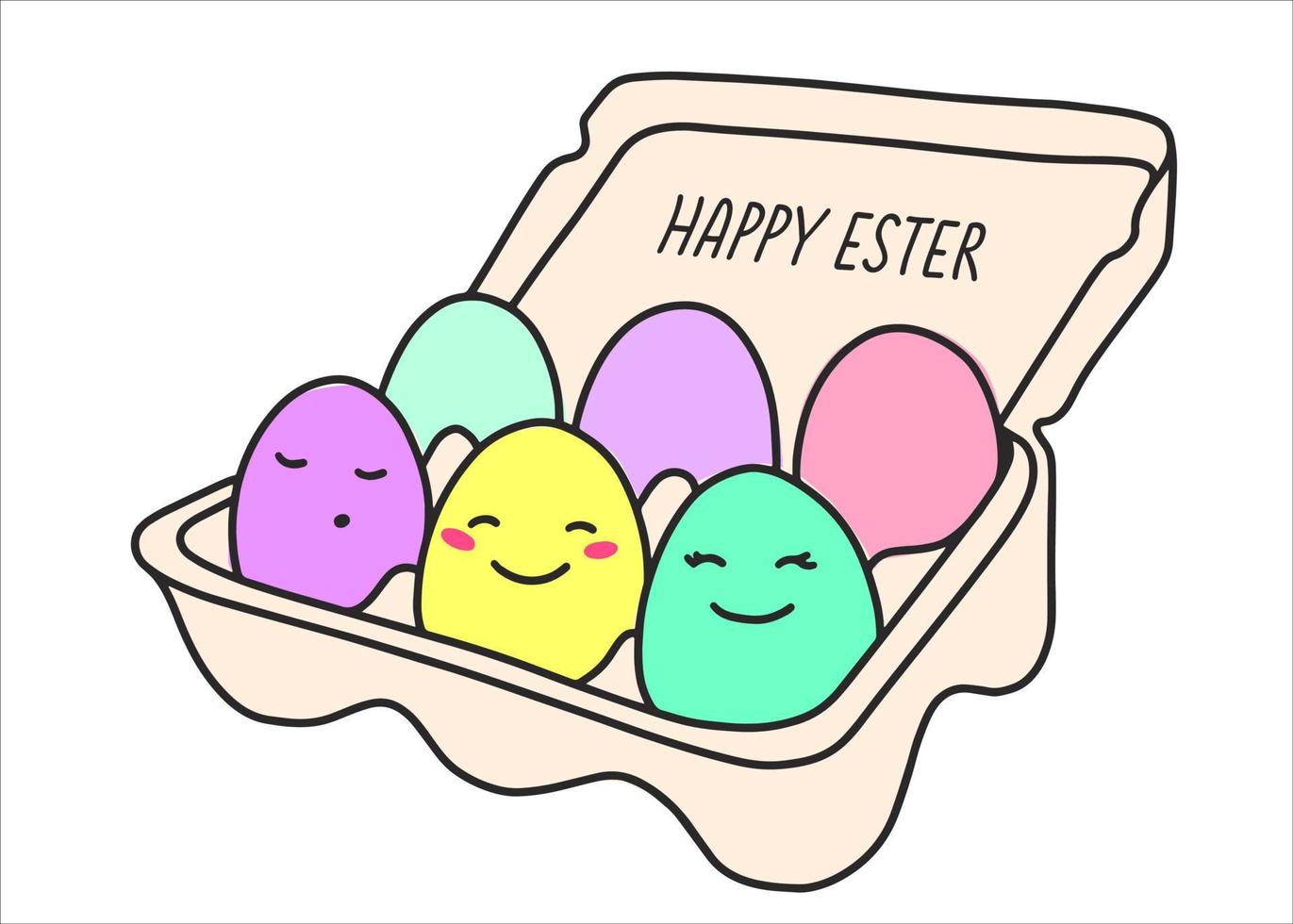 Packing with multi-colored pastel eggs for the Easter holiday. Spring holiday with decorative eggs with cute faces. Vector illustration in a flat style. Illustration for a greeting card.