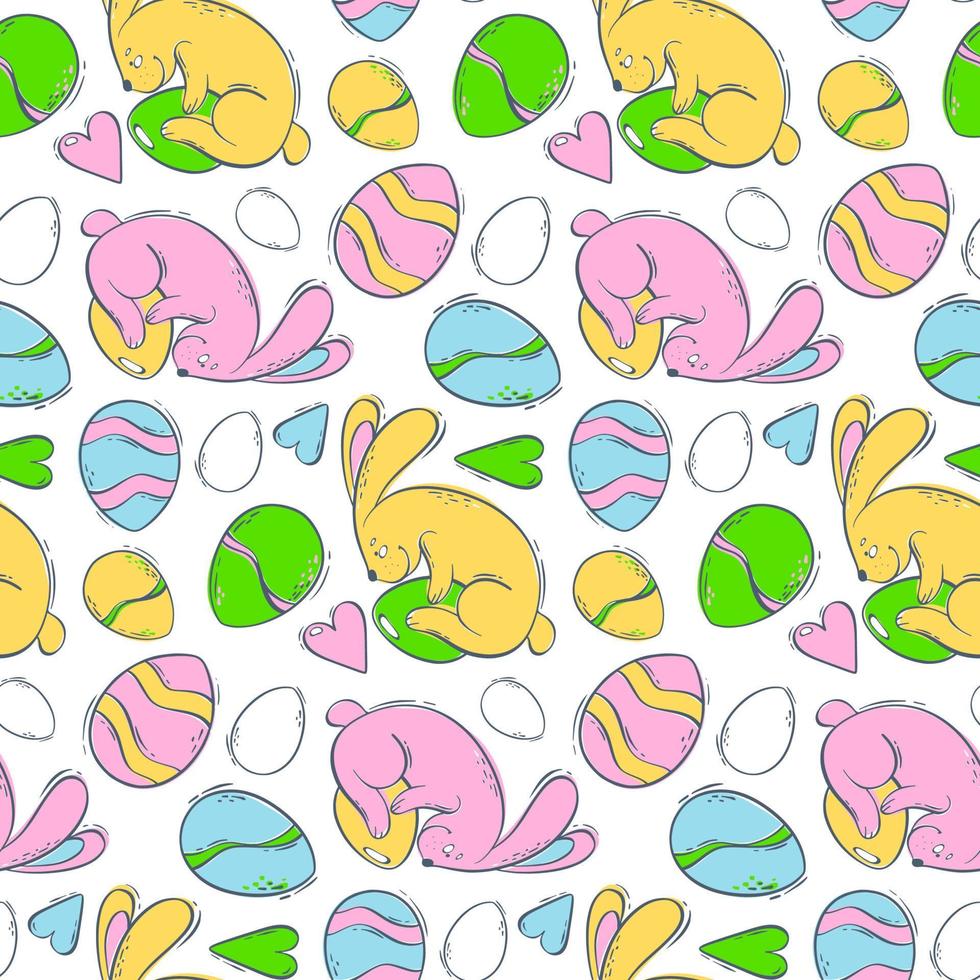 Seamless pattern with Easter bunnies and colored eggs. Spring holiday with a hare and a decorated egg. Vector illustration in flat style. Background for textiles and wrapping paper.