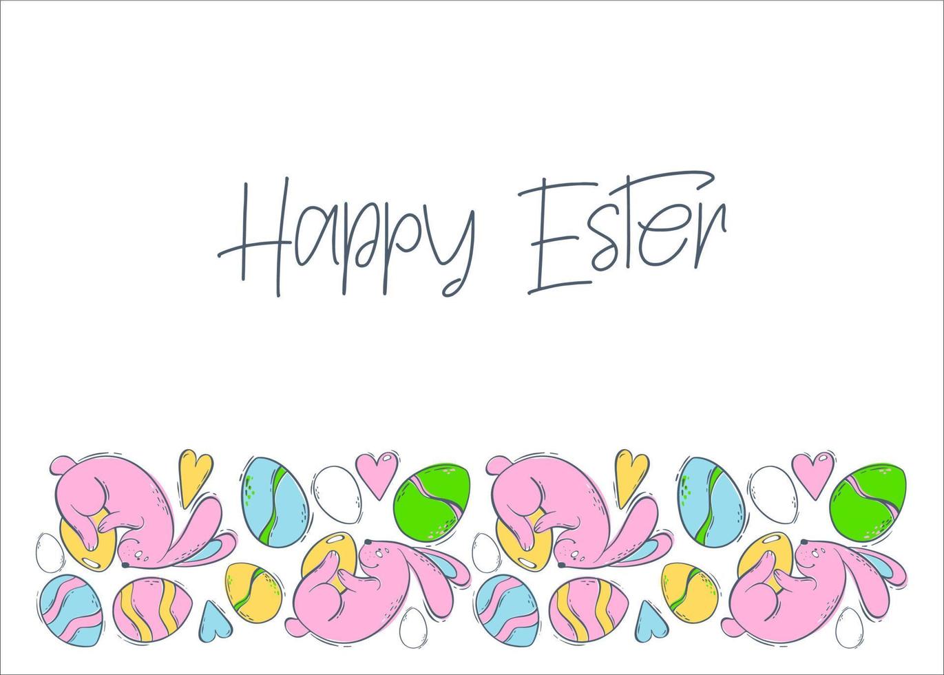 Greeting card mockup with decorative frame with easter bunnies and colored eggs with a congratulatory inscription. Spring holiday with a hare and a decorated egg. Vector illustration in flat style.