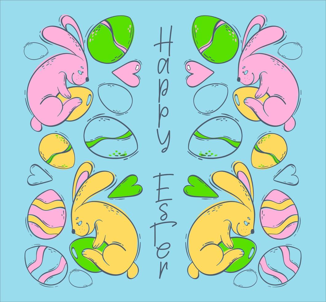 Festive symmetrical background for Easter. Illustration with rabbits and colored eggs on a blue background. Spring holiday with a hare and a decorated egg. Vector illustration in flat style.