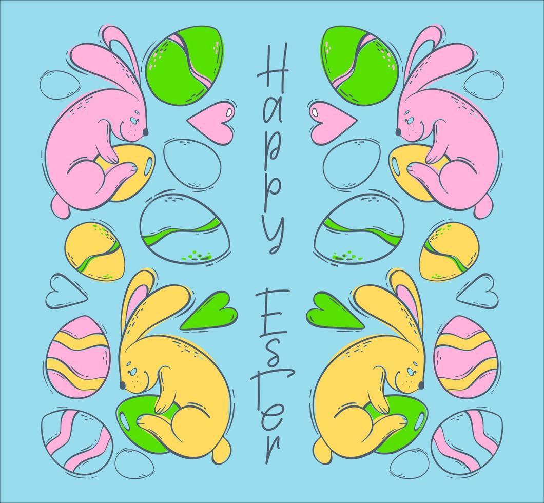 Festive symmetrical background for Easter. Illustration with rabbits and colored eggs on a blue background. Spring holiday with a hare and a decorated egg. Vector illustration in flat style.