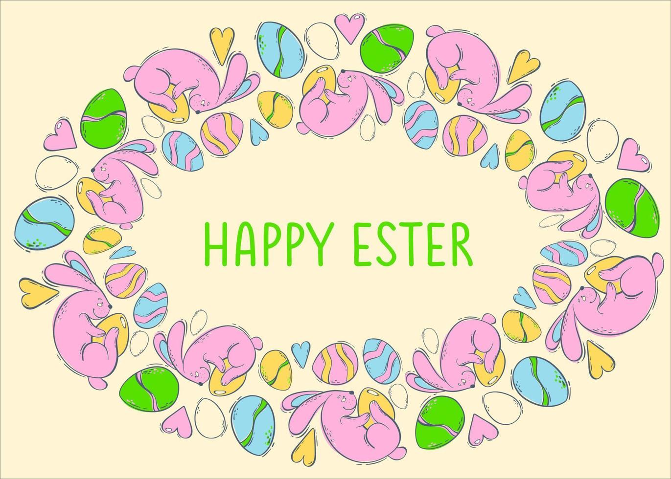 Greeting card mockup with decorative frame with easter bunnies and colored eggs on yellow background. Spring holiday with a hare and a decorated egg. Vector illustration in flat style.