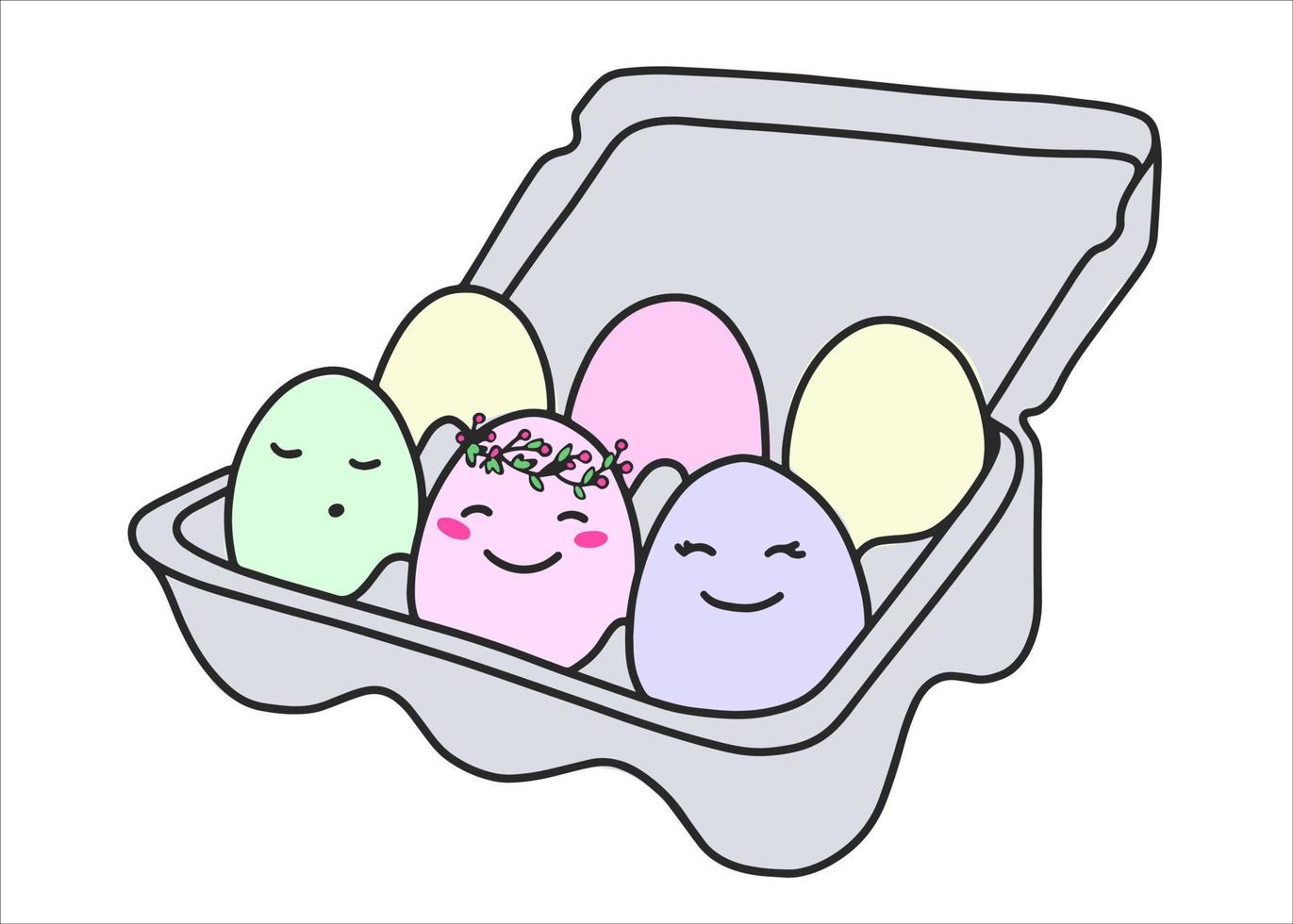 Packing with multi-colored pastel eggs for the Easter holiday. Spring holiday with decorative eggs with cute faces. Vector illustration in a flat style. Illustration for a greeting card.