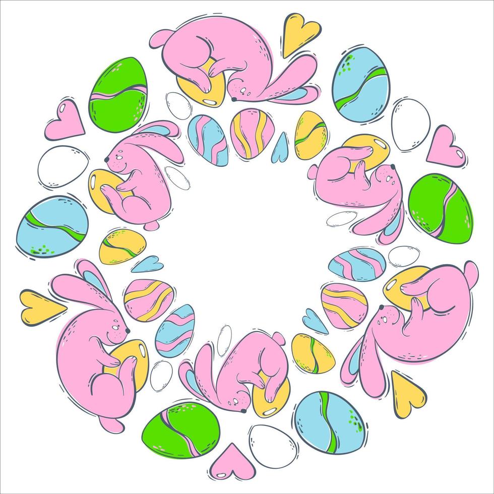 redondo decorativo marco con Pascua de Resurrección conejitos y de colores huevos en. primavera fiesta con un liebre y un decorado huevo. vector ilustración en plano estilo. festivo diseño modelo.