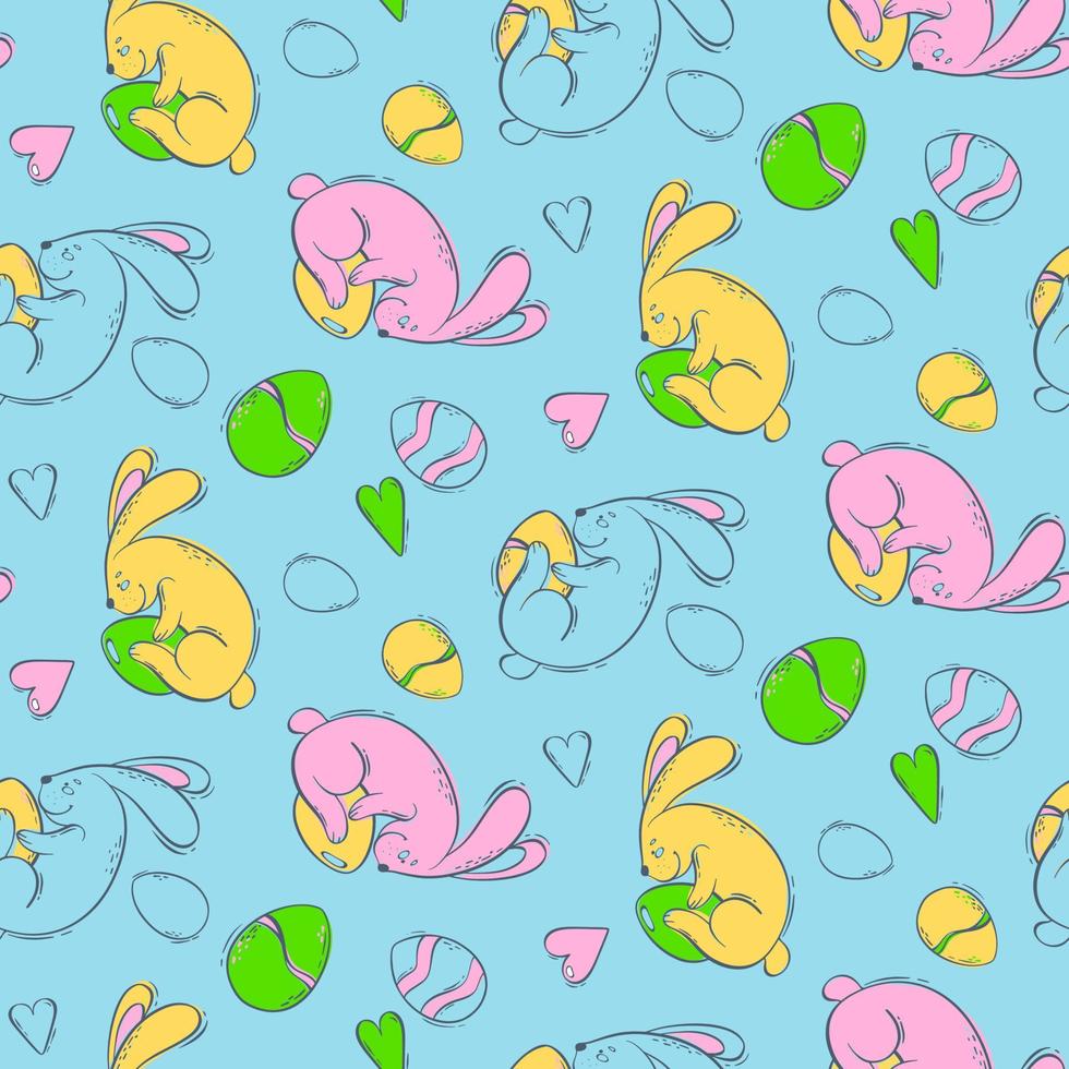 Seamless pattern with Easter bunnies and colored eggs on a blue background. Spring holiday with a hare and a decorated egg. Vector illustration in flat style.