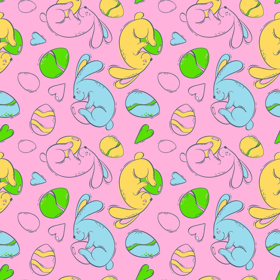 Seamless pattern with Easter bunnies and colored eggs on a pink background. Spring holiday with a hare and a decorated egg. vector