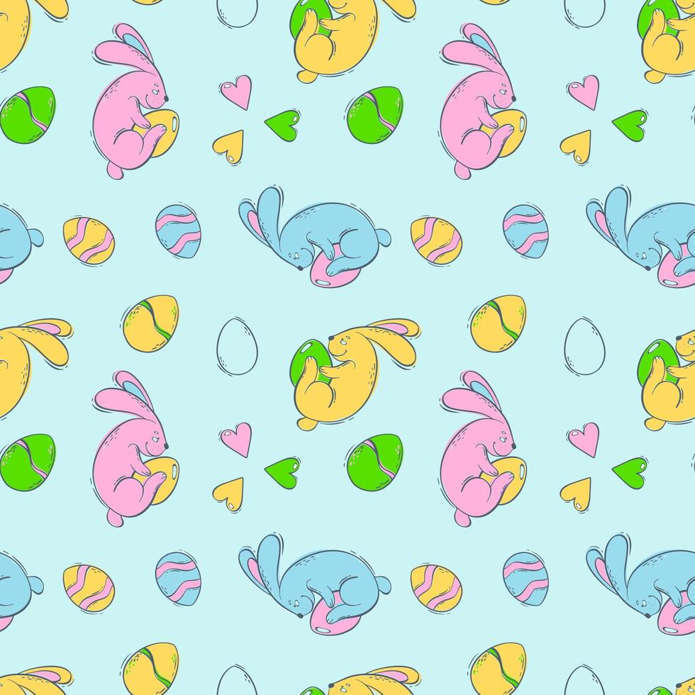 Seamless pattern with Easter bunnies and colored eggs on a blue background. Spring holiday with a hare and a decorated egg. Vector illustration in flat style.