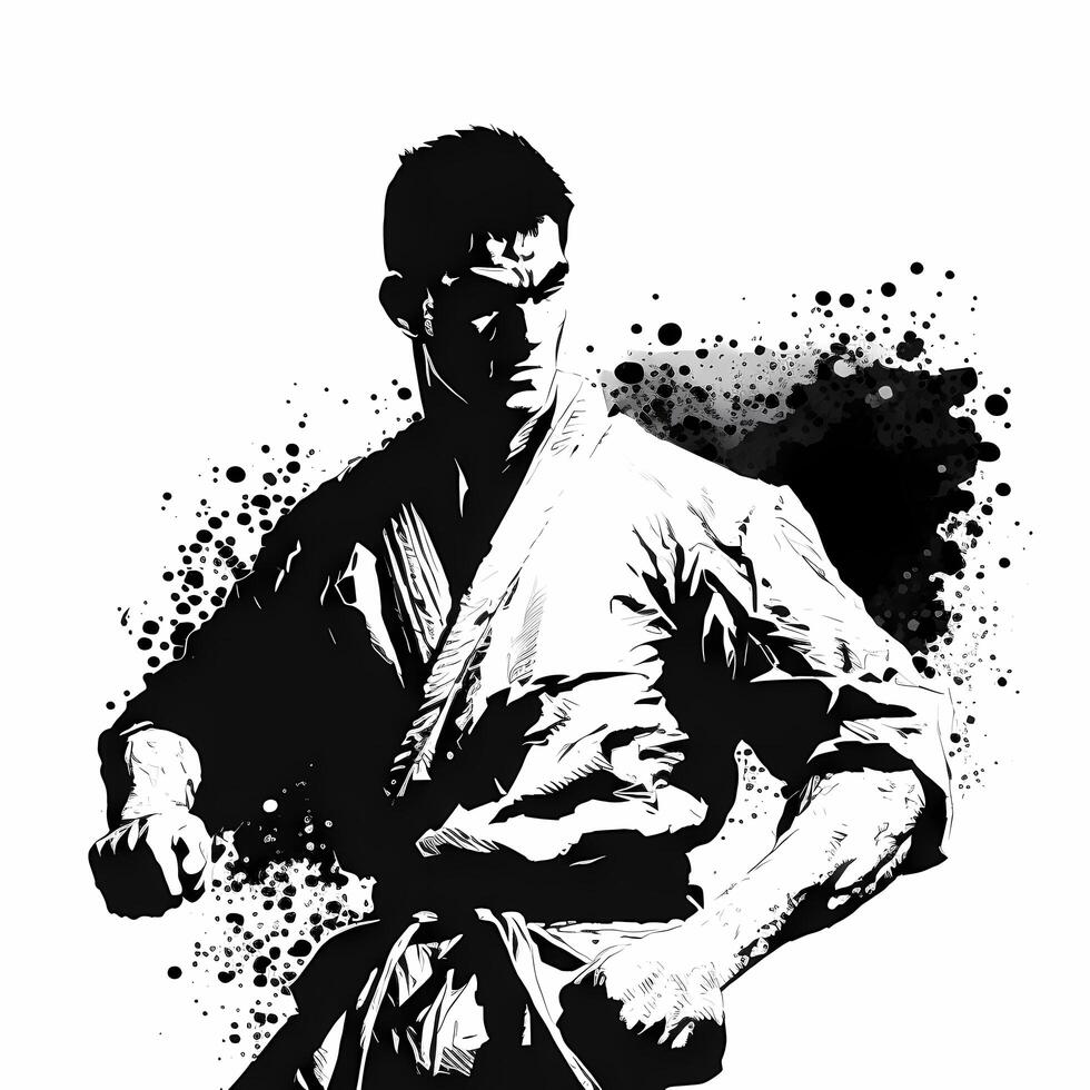 karate guy black and white photo