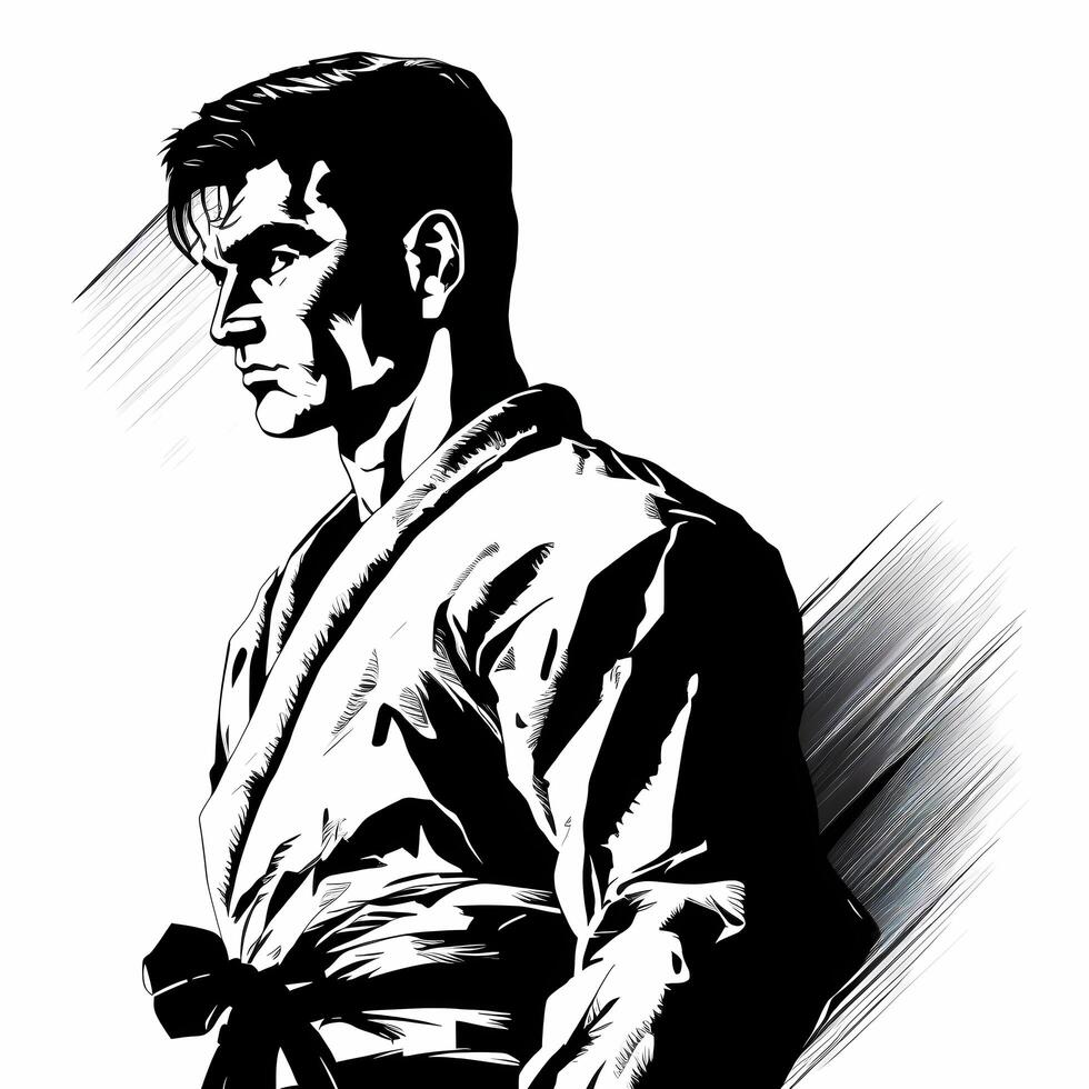 karate guy black and white photo