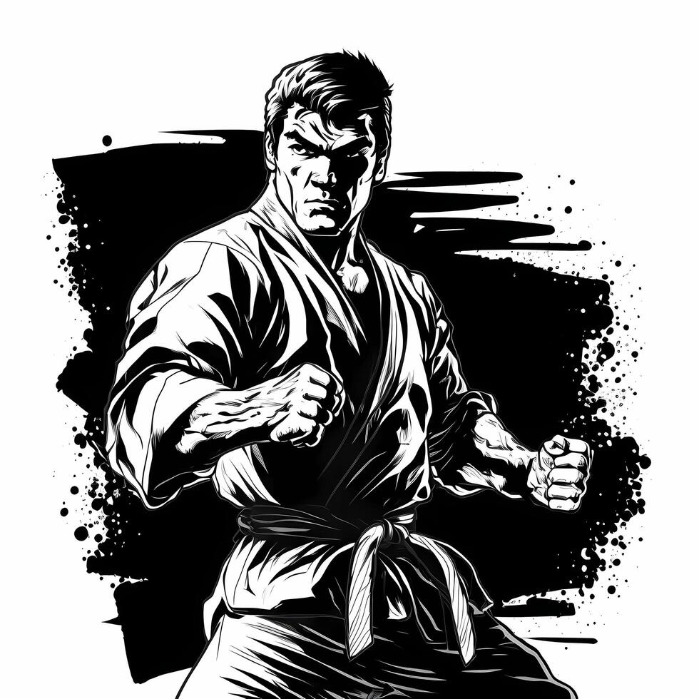 karate guy black and white photo