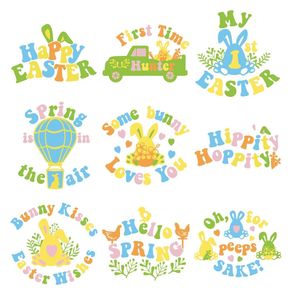 My first Easter modern vector design with bunny ears and eggs. Easter quote for baby. Vector illustration greeting card templates with bunny in Groovy style