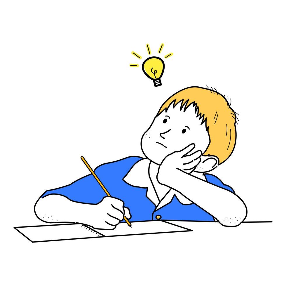 A kid thinking while studying with book vector