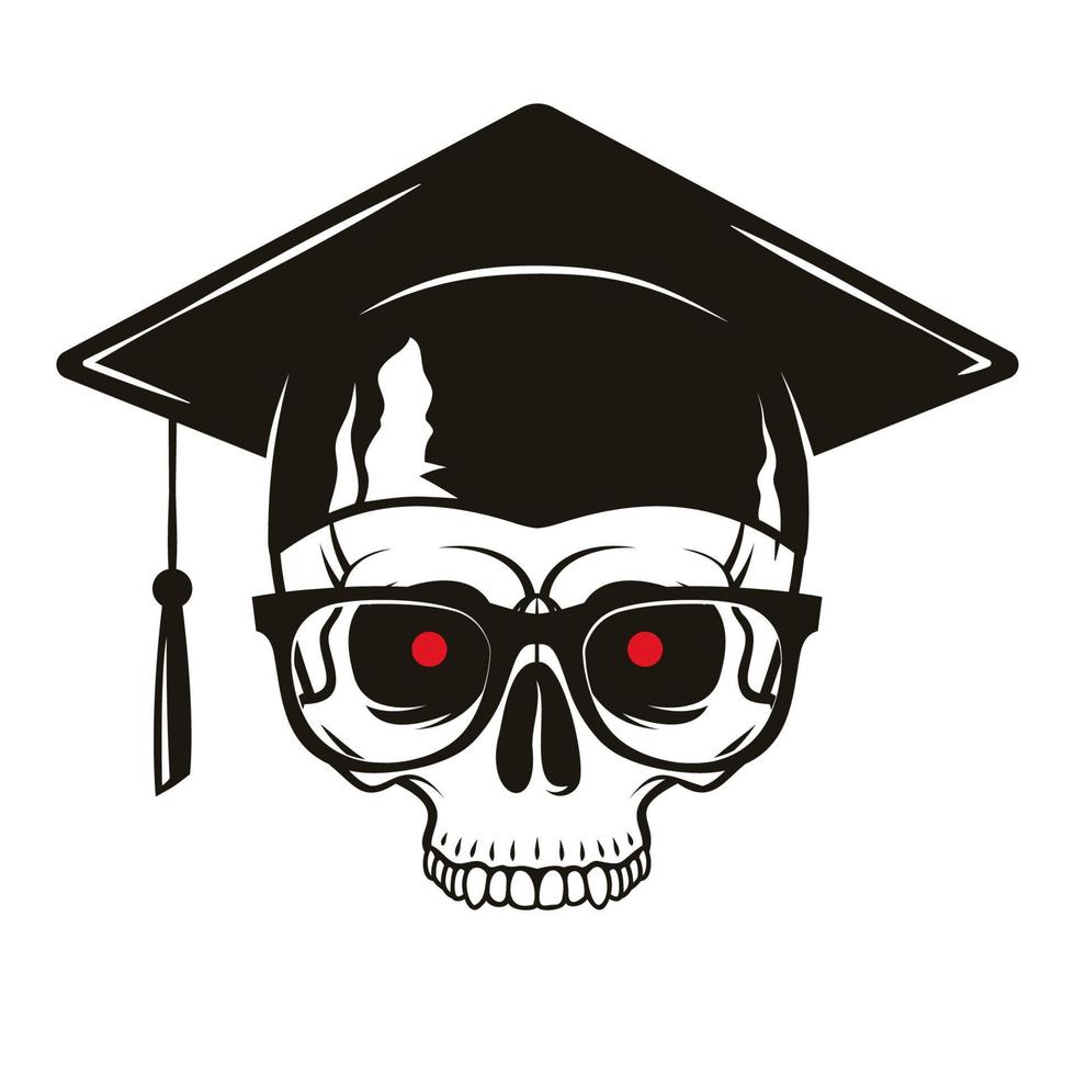 Human skull with graduate cap, glasses and red eyes isolated on white background. Vector illustration