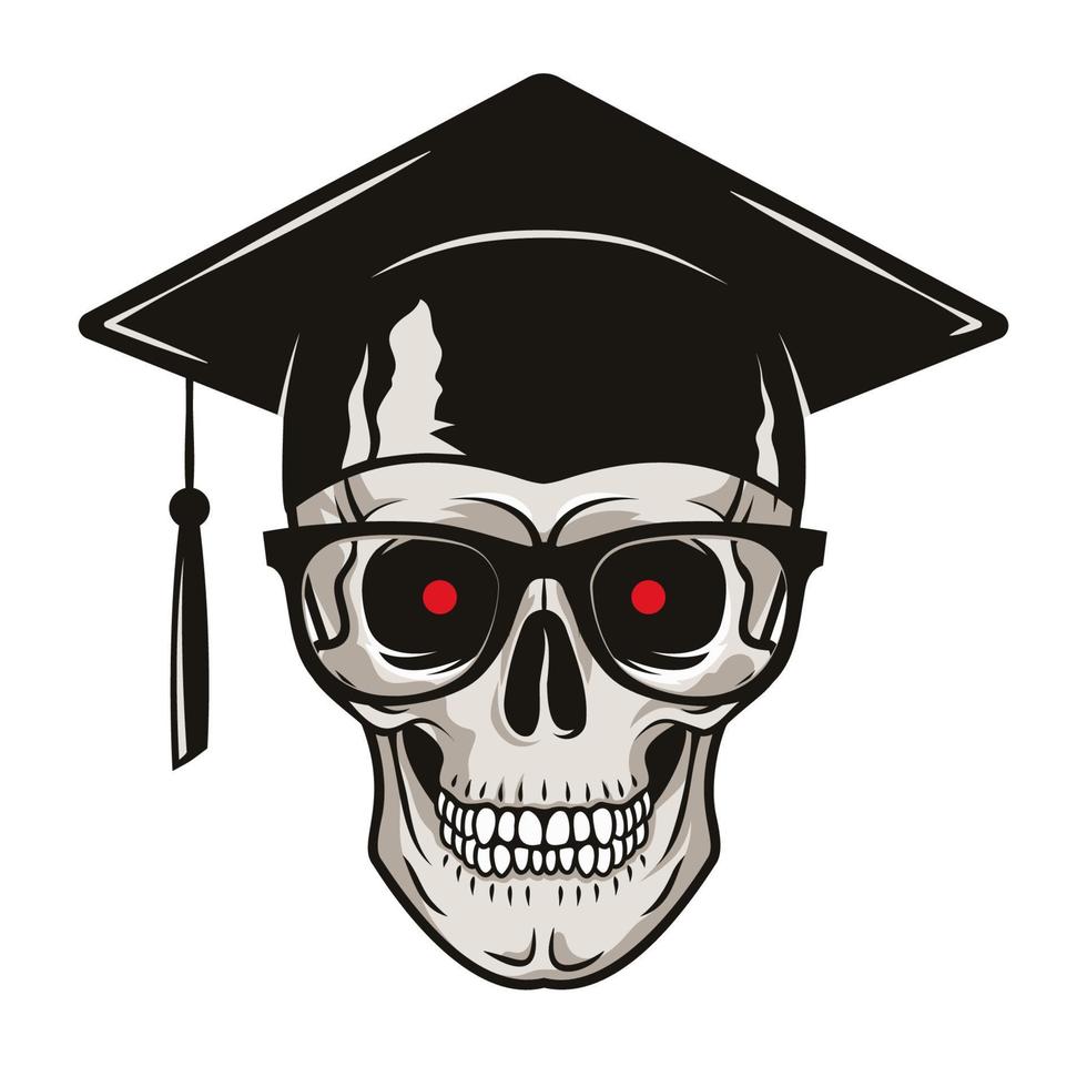 Human skull with graduate cap, glasses and red eyes isolated on white background. Grunge vector illustration