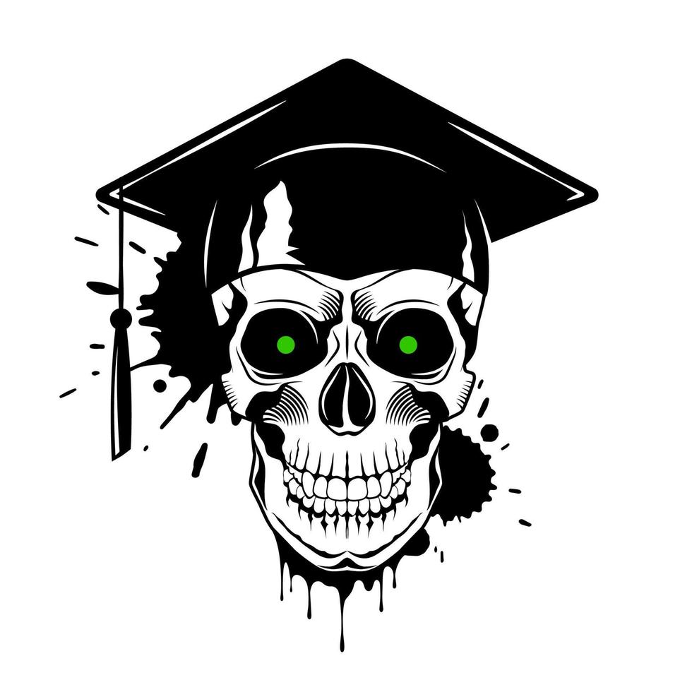 humano cráneo con graduado gorra, pintar salpicaduras y gotea en blanco antecedentes. grunge vector ilustración