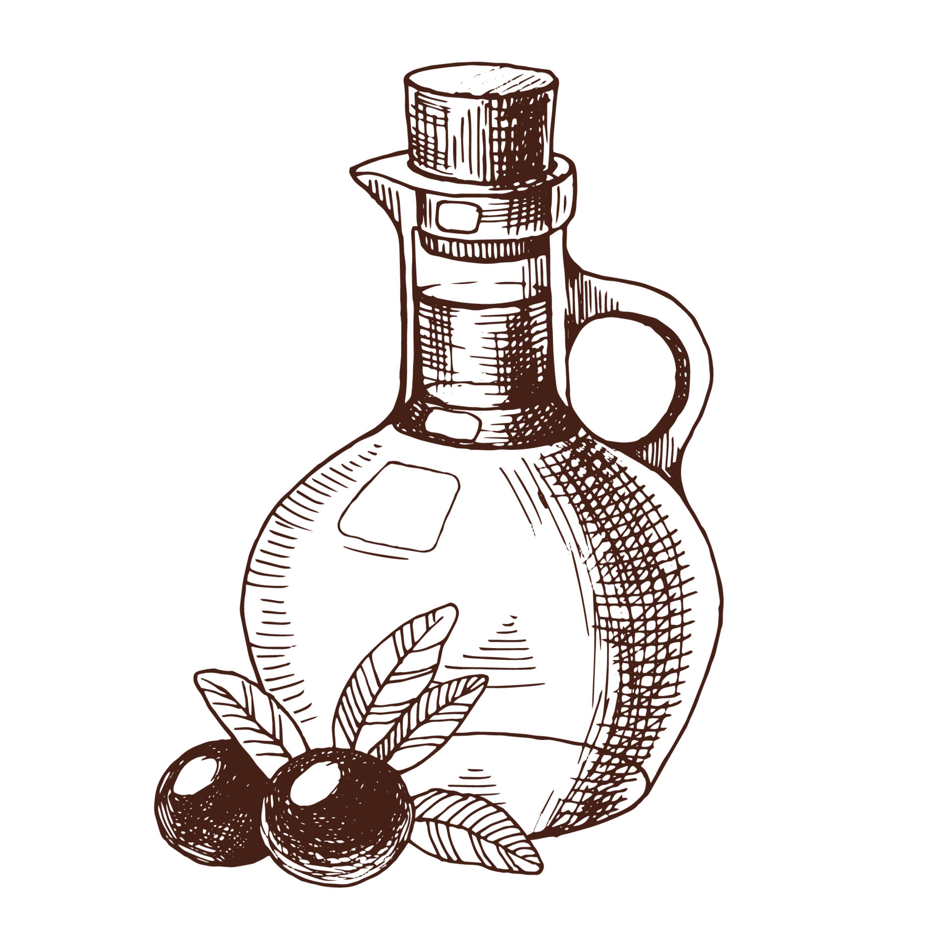 Bottle of olive oil and black olives. Hand drawn vector illustration