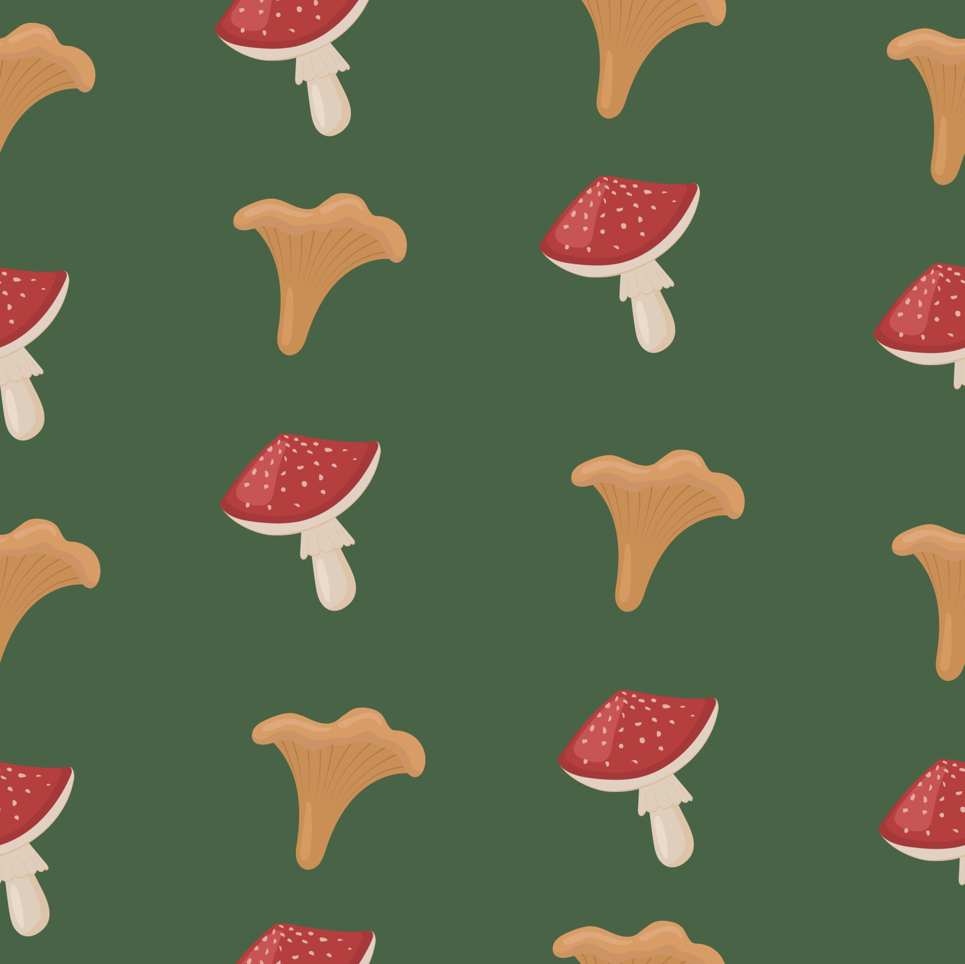 Seamless pattern with different mushrooms. Cartoon, flat illustration