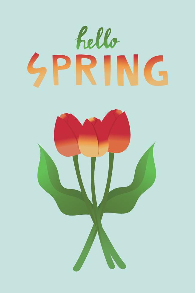 primavera concepto. plano dibujos animados ilustración de primavera viniendo con tulipanes vector