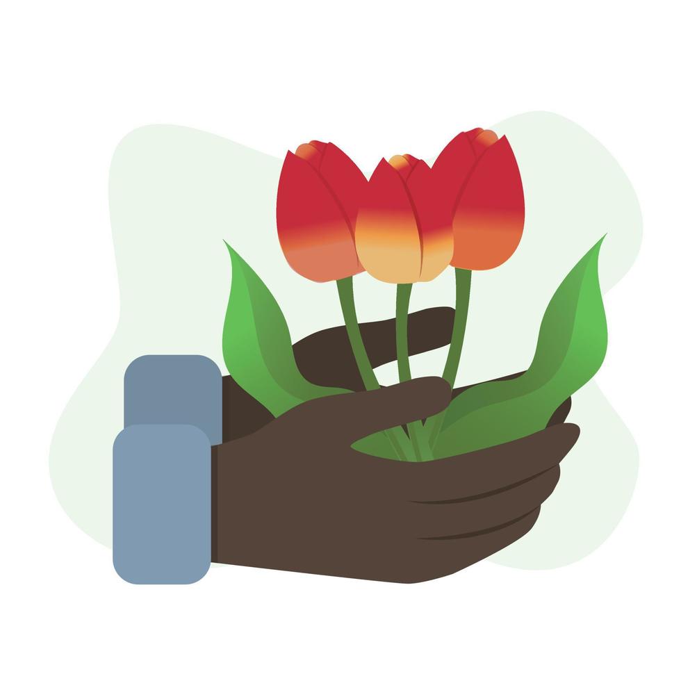 Spring concept. Flat cartoon illustration of spring coming with tulipas vector