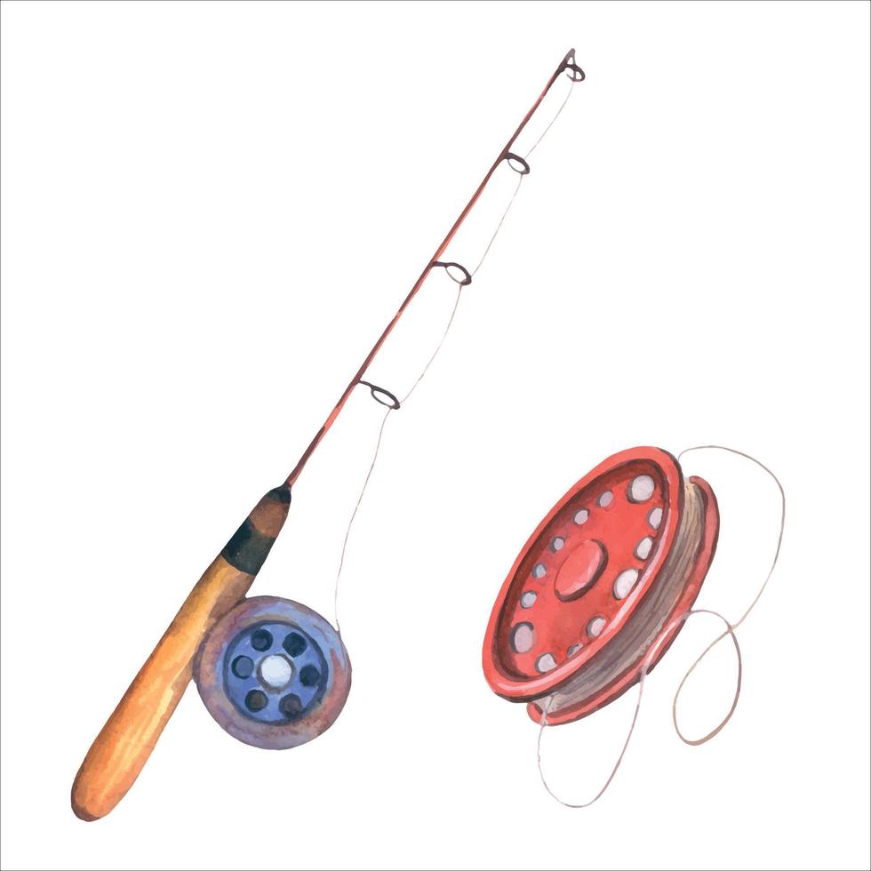 Fishing rod watercolour illustration. Tool to catch fish. One single object, blue, red, brown colours. Hand drawn water color sketchy painting on white vector