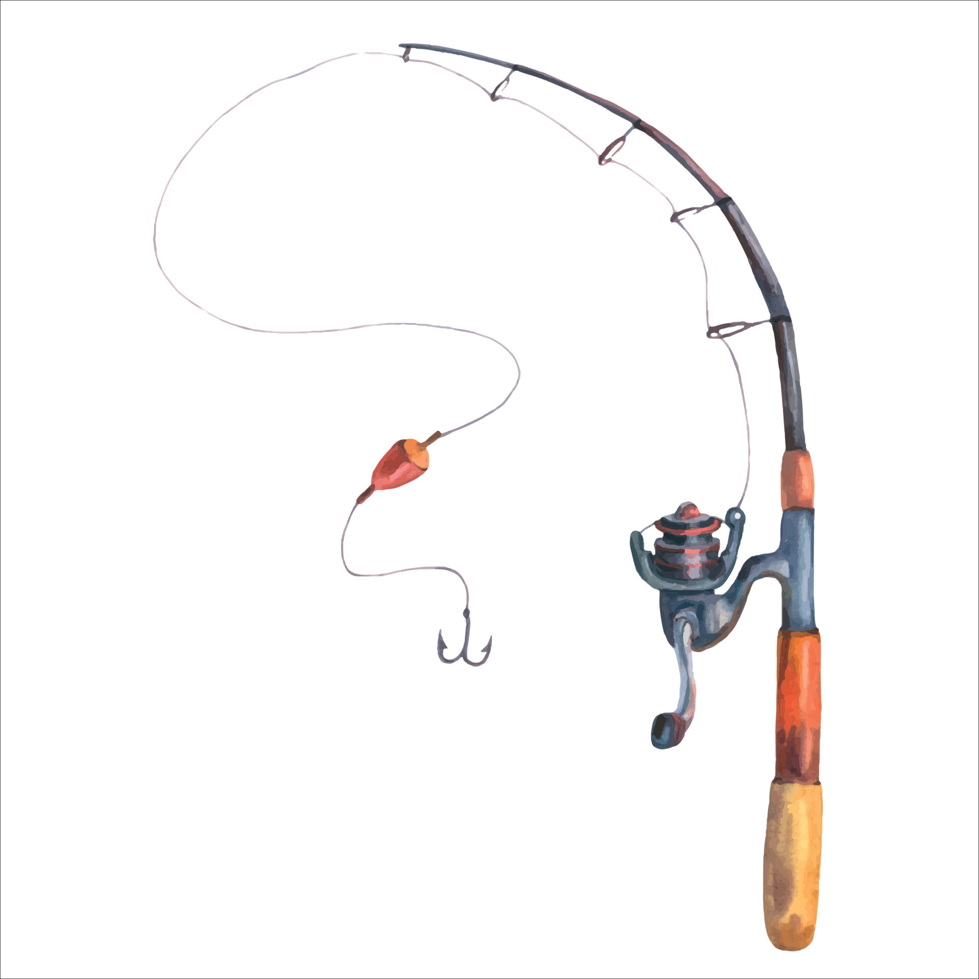 Fishing rod, watercolour illustration, grey, silver, red colours