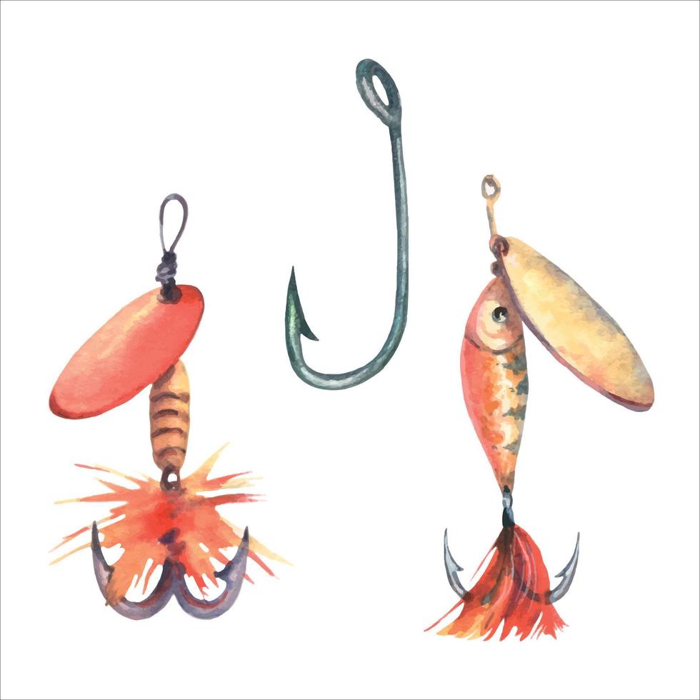 Fishing tackle, hooks and lures. Watercolor illustration on white background. For business design, packaging of fishing tackle, postcards, thematic groups vector