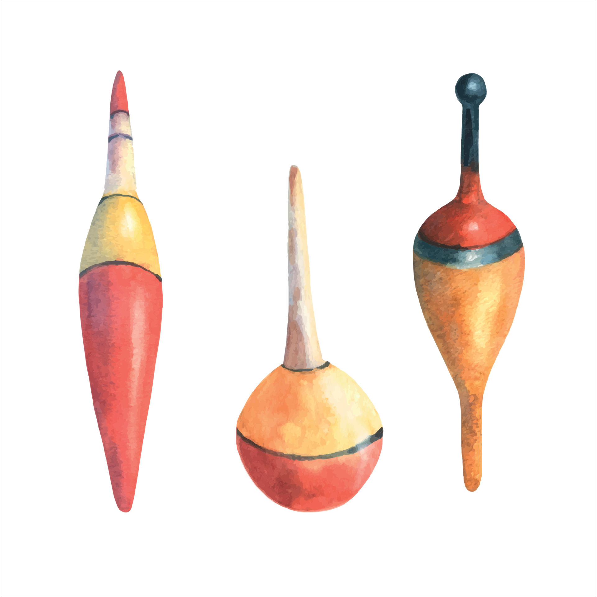 Set of fishing bobber float. Hand drawn watercolor painting