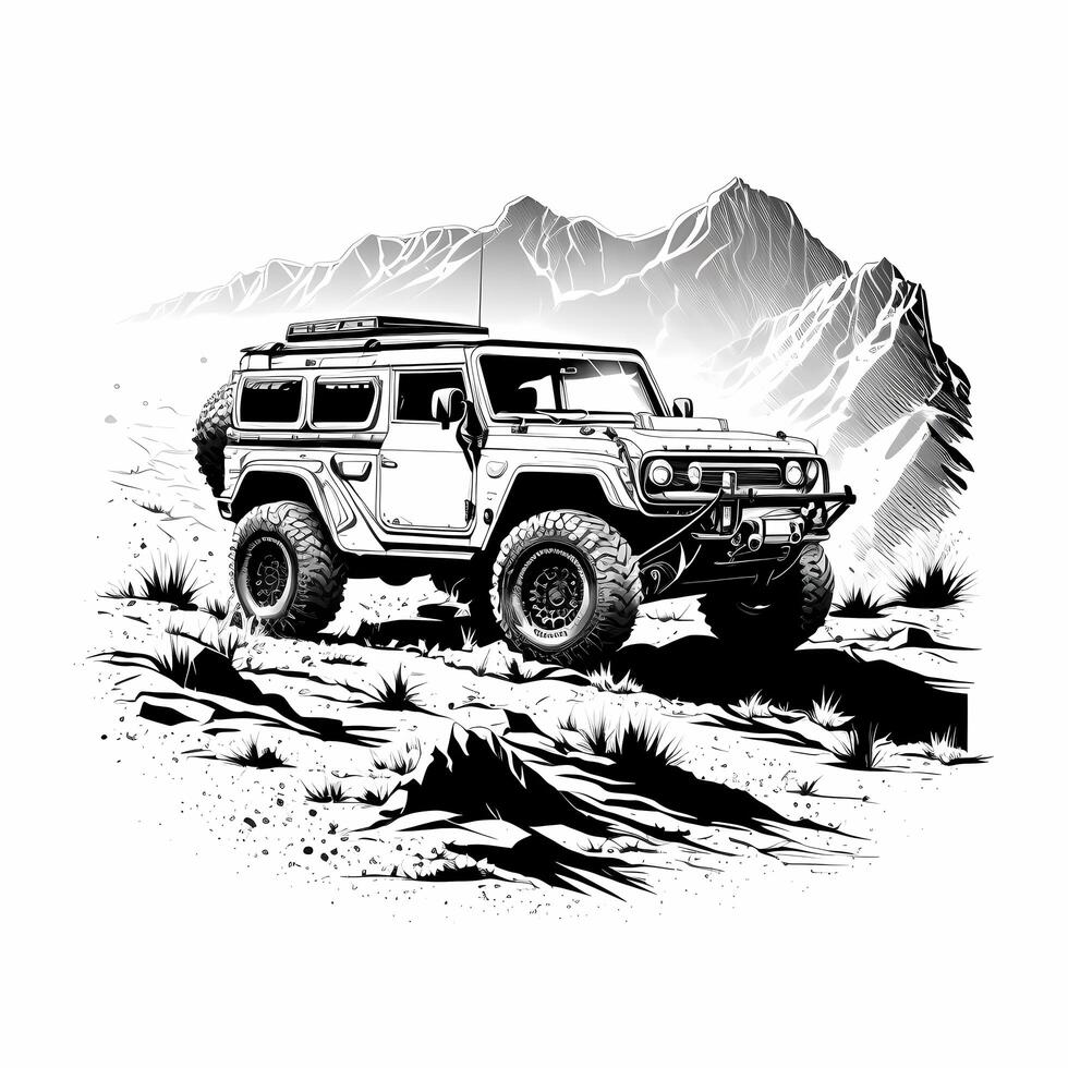 four wheel vehicle black and white photo