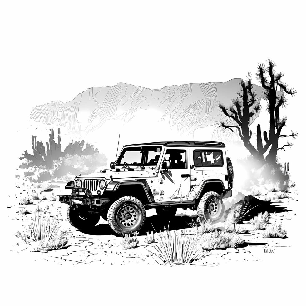 four wheel vehicle black and white photo