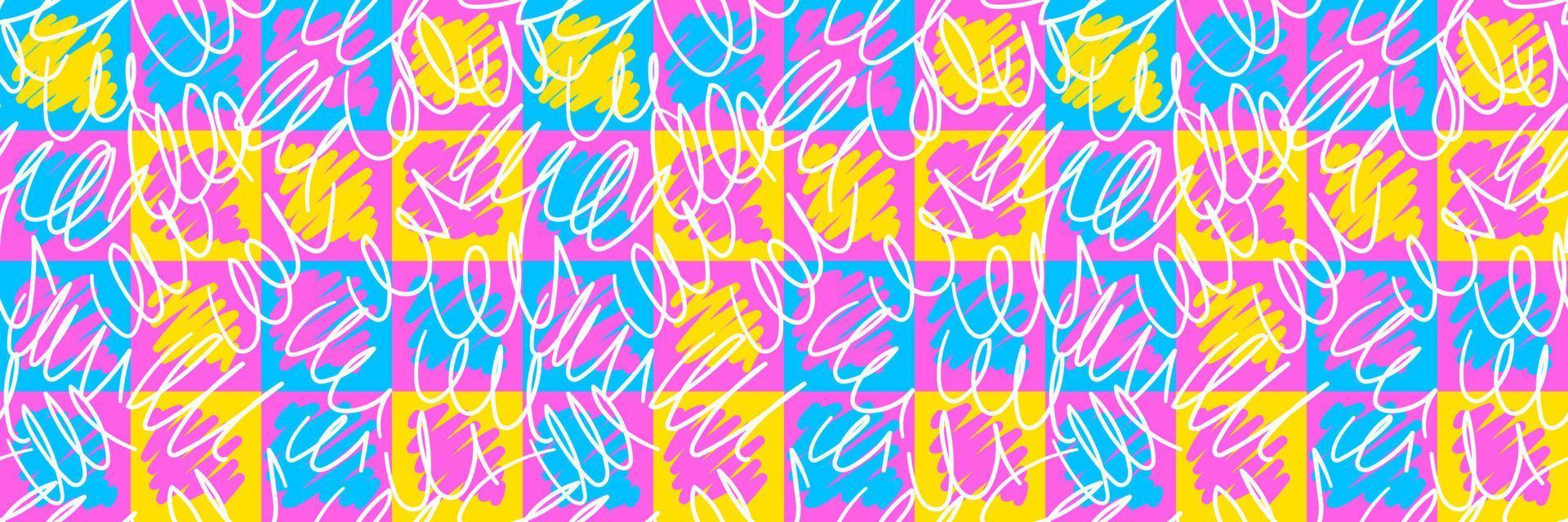 Abstract colorful graffiti seamless pattern with neon squares and scribbles. Bright graphic urban design for textiles, sportswear, prints, wrapping, cover design. Vector illustration.