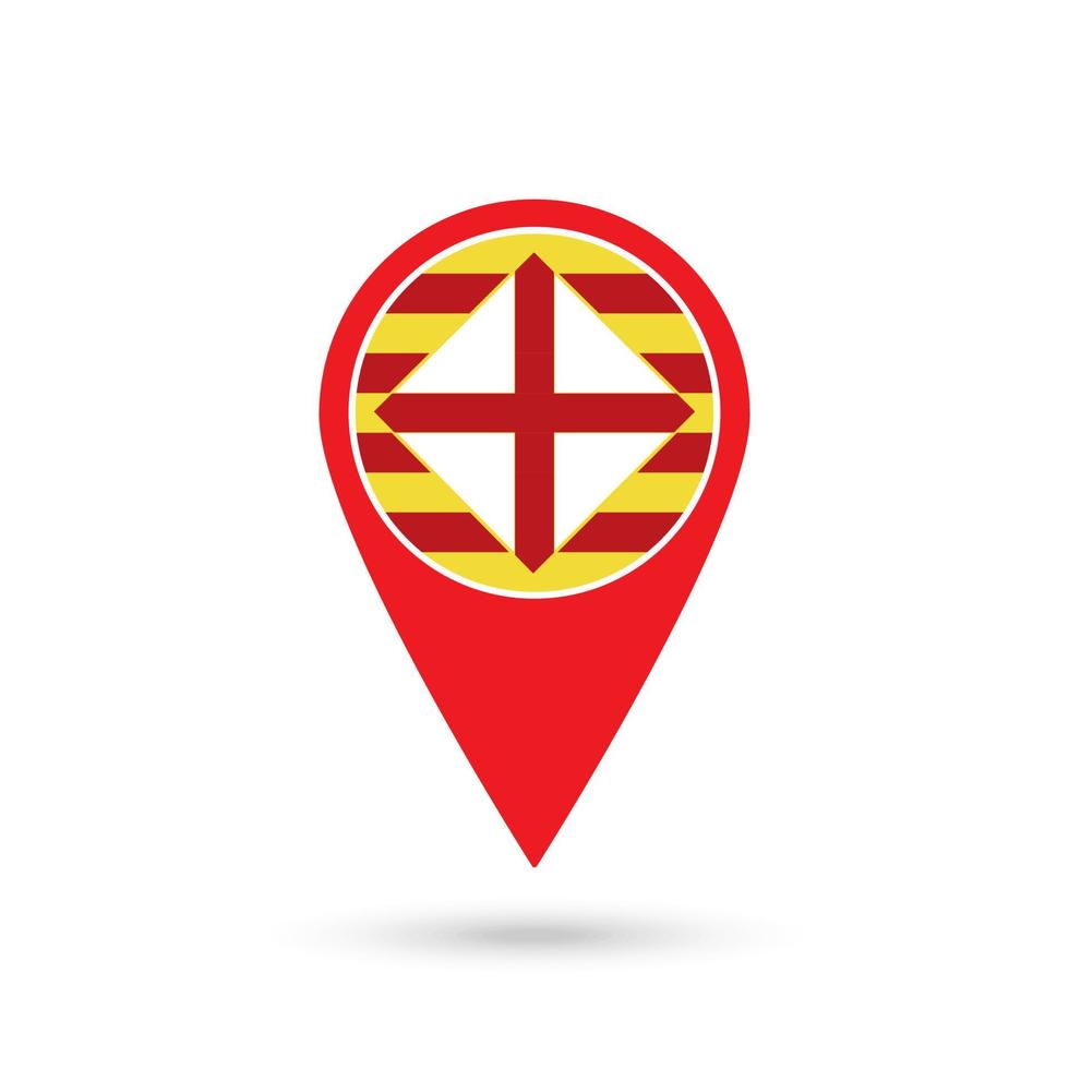 Map pointer with Barcelona flag, provinces of Spain. Vector illustration.