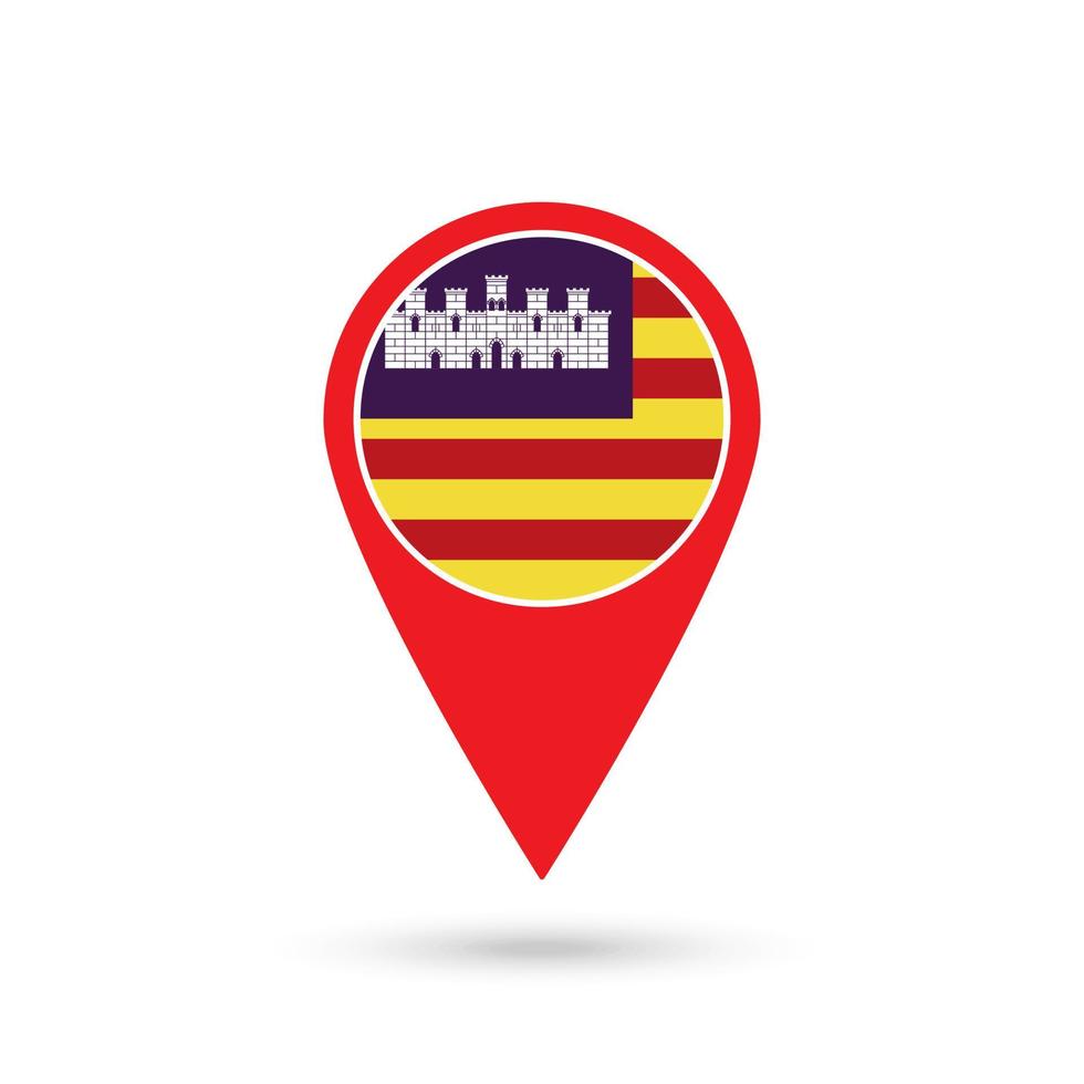 Map pointer with Balearic Islands flag, autonomous community of Spain. Vector illustration.