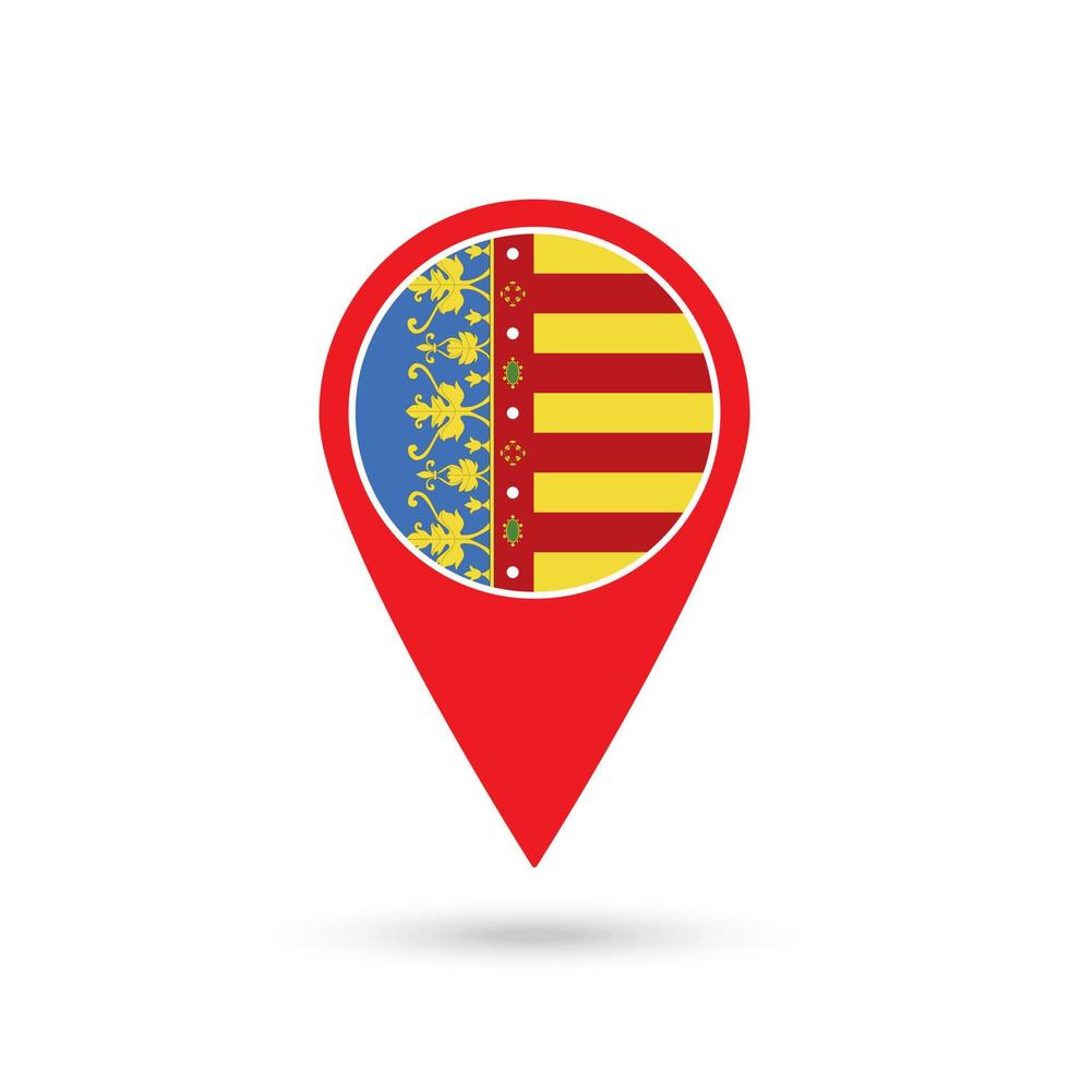 Map pointer with Valencian Community flag, autonomous community of Spain. Vector illustration.