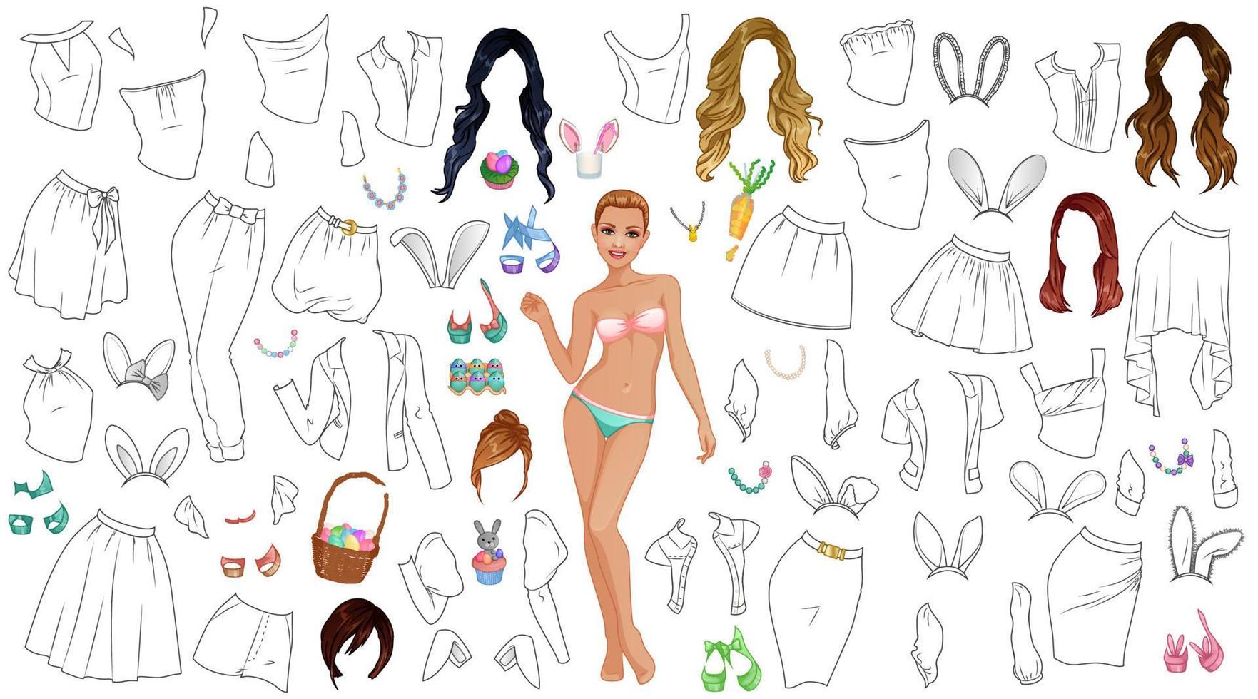 Easter Bunny Coloring Page Paper Doll with Outfits, Hairstyles, Shoes, Accessories and Bunny Ears. Vector Illustration
