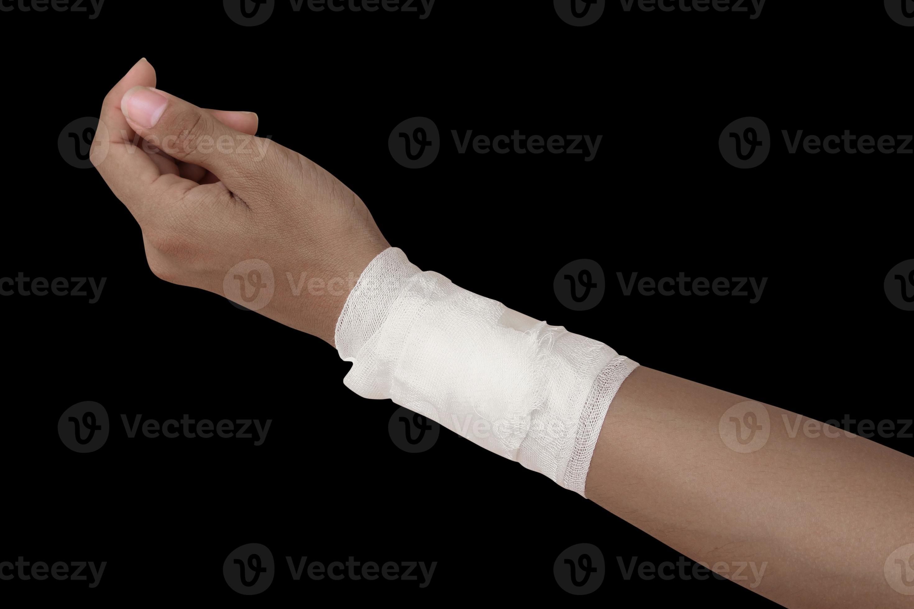 gauze bandage patient with hand wrap injury isolated on black
