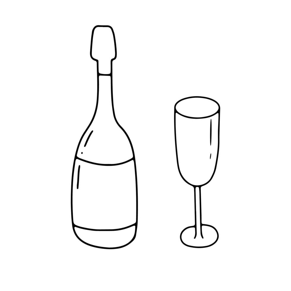 Bottle of champagne and glass in line style. Vector outline doodle sketch isolated on white.