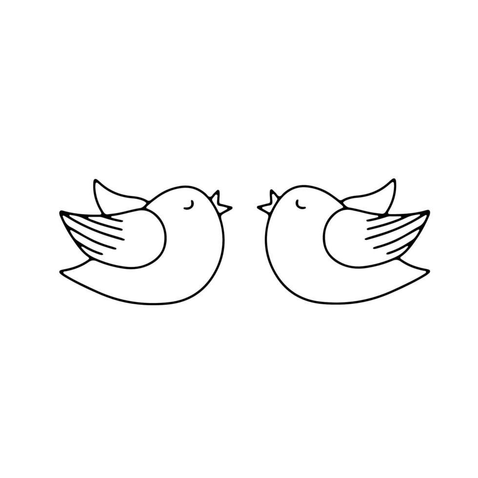 Two cute stylized birds. Vector line doodle illustration isolated on white background. Symbol of love and wedding on Valentine's Day