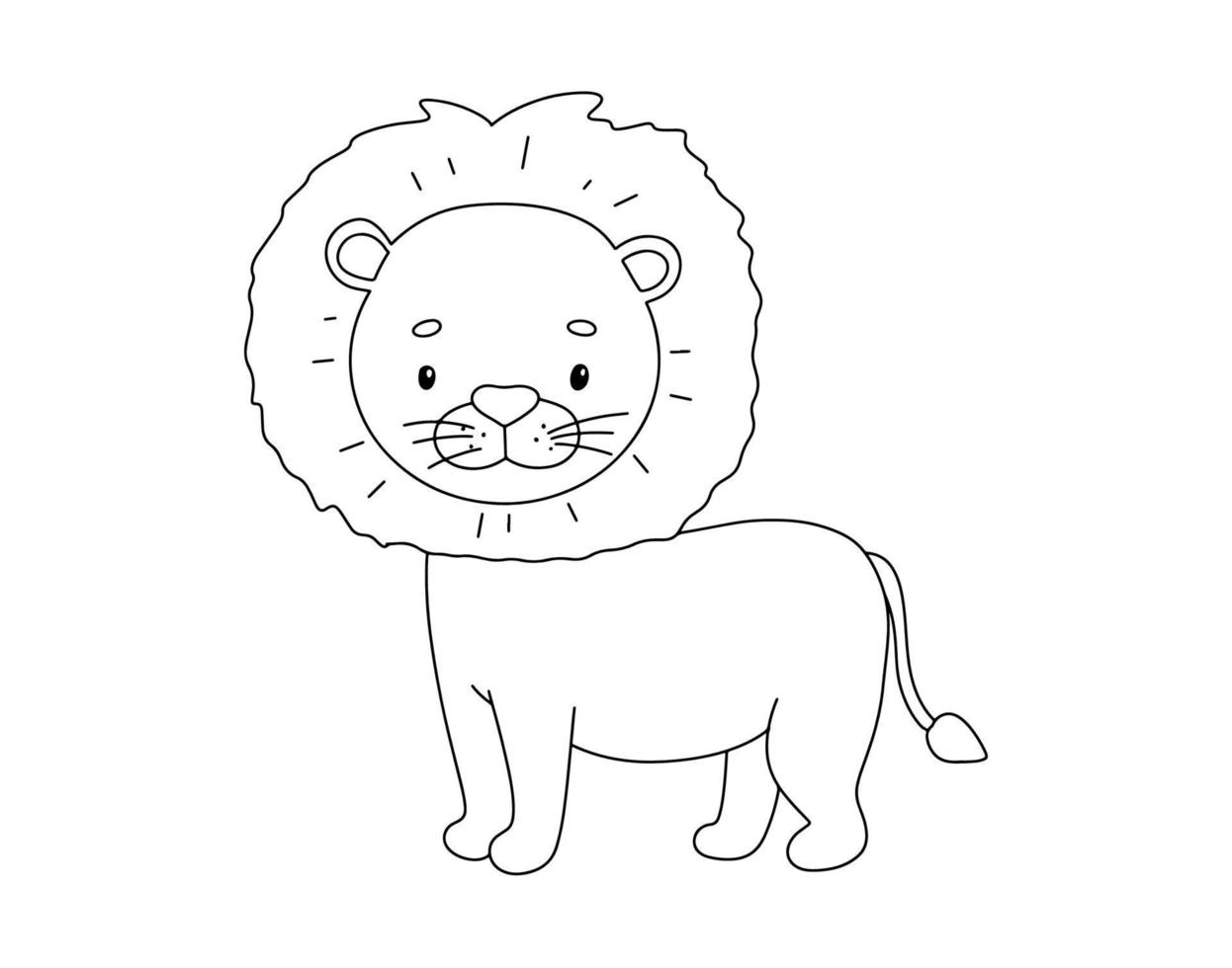 Cute lion in line style. Drawing african baby wild cat isolated on white background. Vector sweet outline animal for childish coloring book. Jungle animal