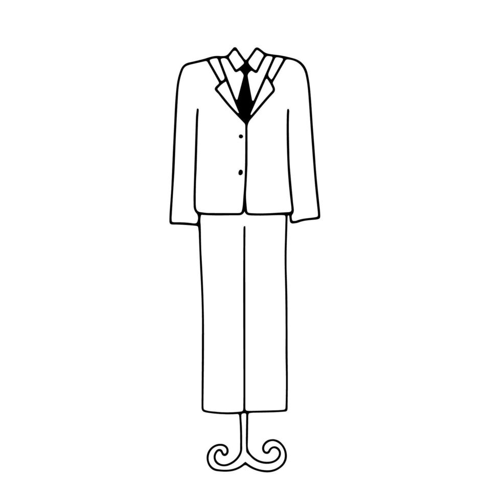 Wedding costume. Hand drawn illustration of male suit on hanger. Vector doodle