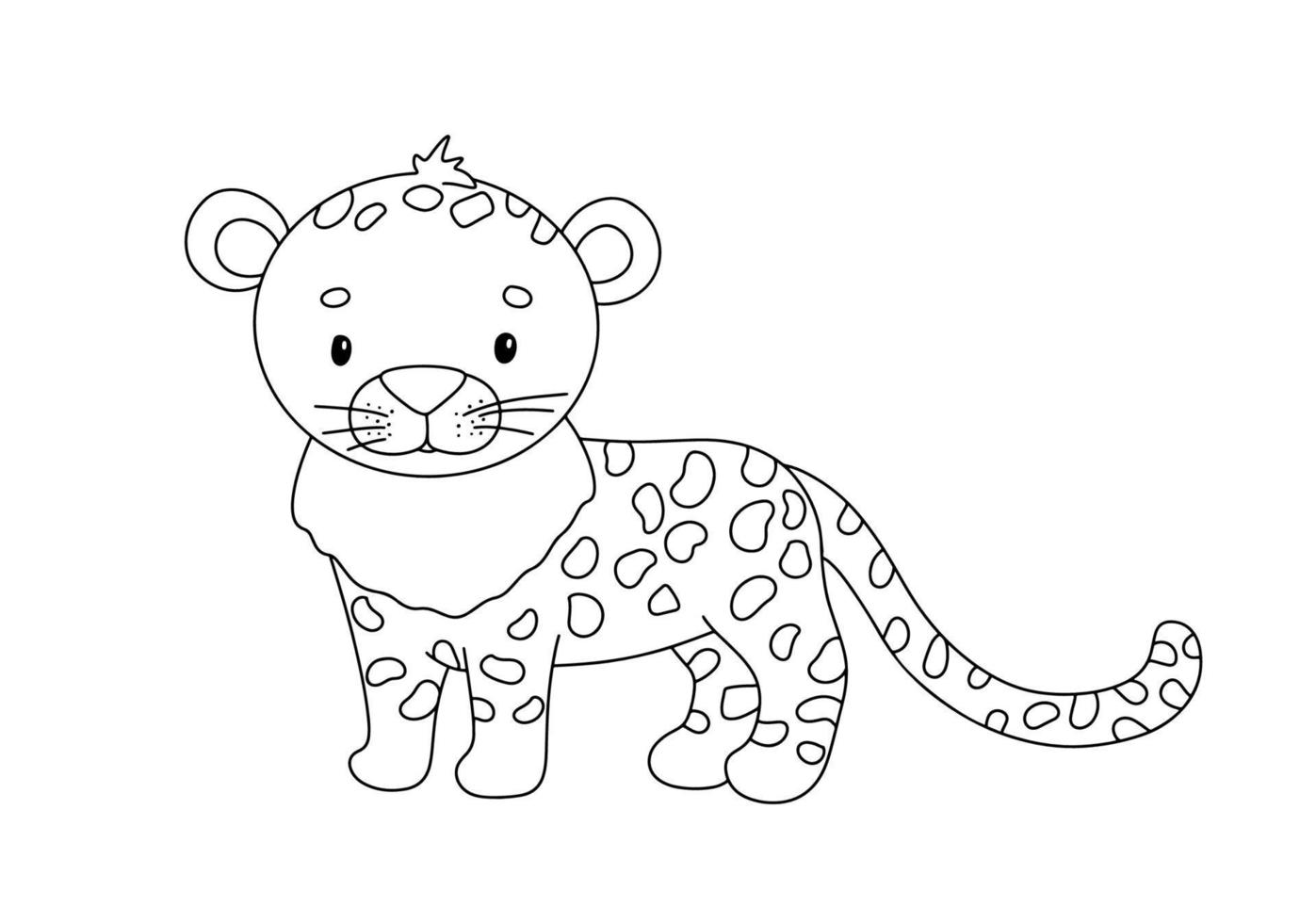 Cute cheetah in line style. Drawing african baby wild cat isolated on white background. Vector sweet outline leopard for childish coloring book. Jungle animal