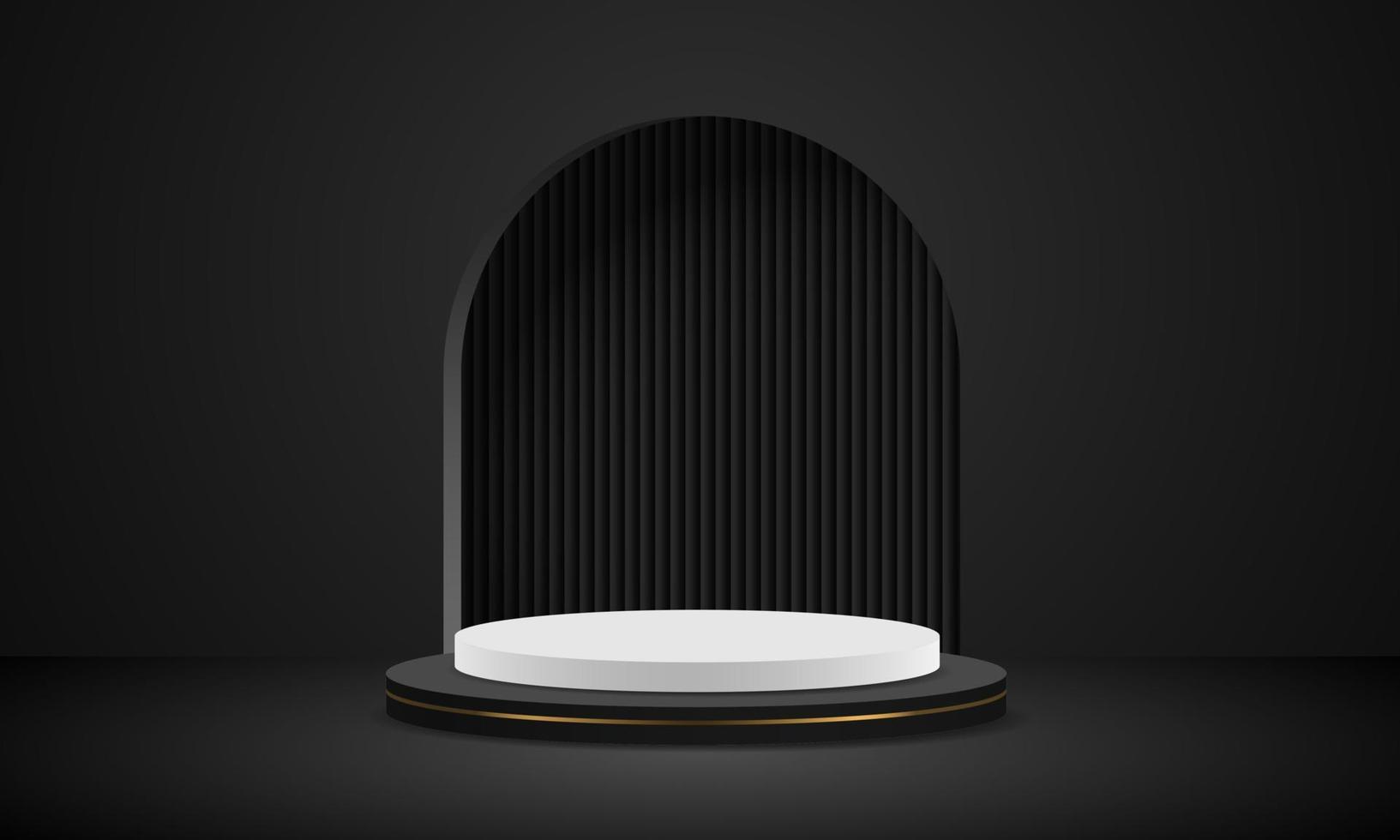 Realistic black white gold 3D cylinder pedestal podium with black corrugated on window arch shape vector display illustration.