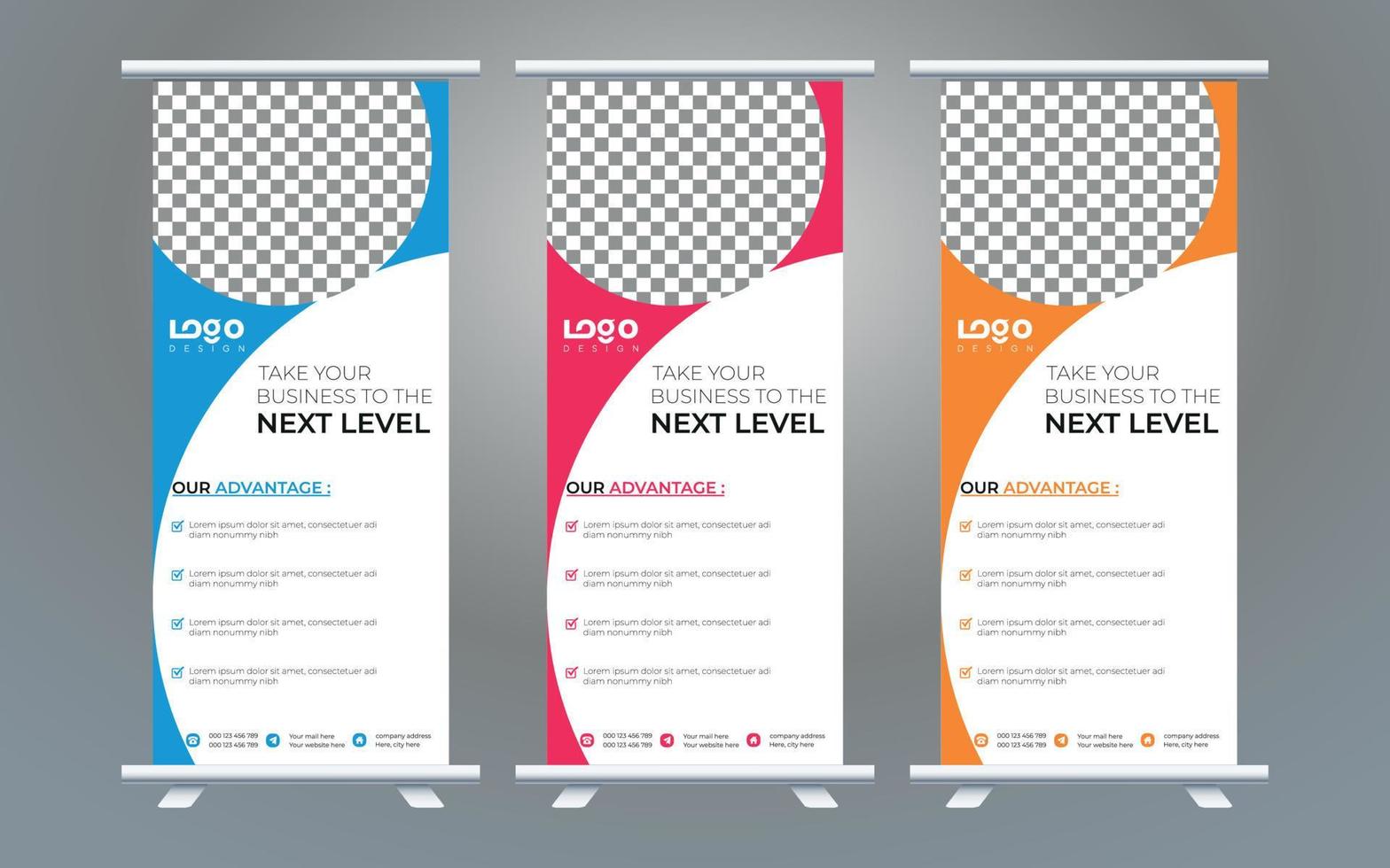 Business Roll Up Set. Standee Design. Banner Template, Abstract Blue Geometric Triangle Background vector, flyer, presentation, leaflet, j-flag, x-stand, x-banner, exhibition display vector