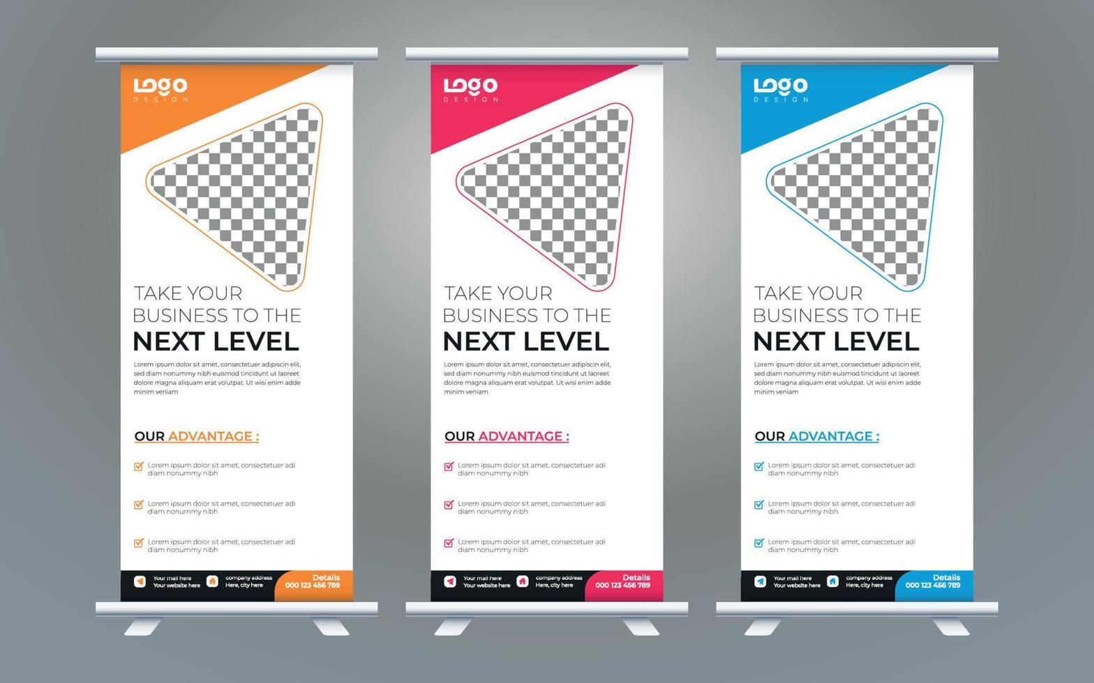 Business Roll Up Set. Standee Design. Banner Template, Abstract Blue Geometric Triangle Background vector, flyer, presentation, leaflet, j-flag, x-stand, x-banner, exhibition display vector