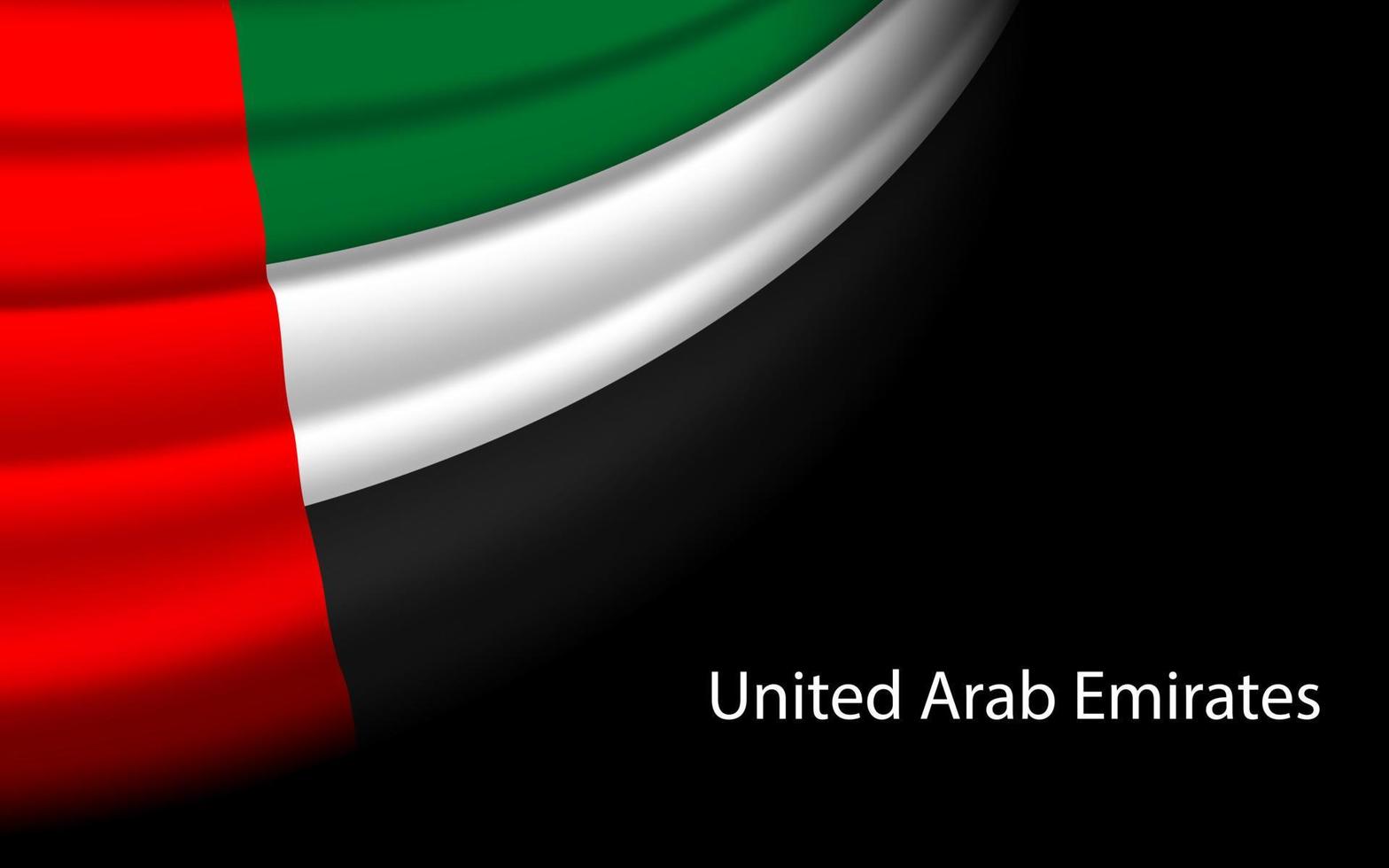 Wave flag of United Arab Emirates on dark background. Banner or vector