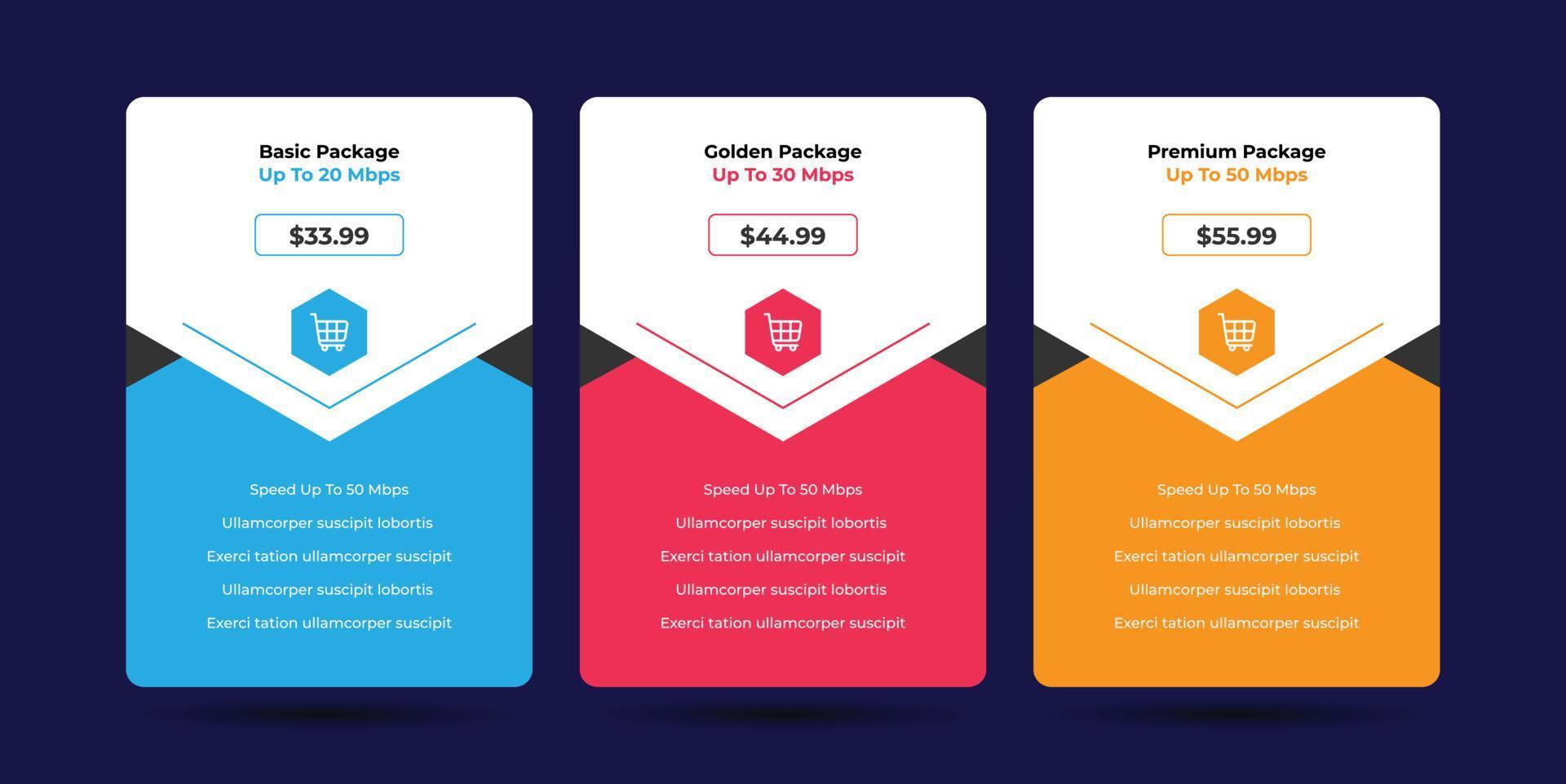 Modern pricing table design with colorful subscription plans, Hosting table banner, Colorful Pricing Table Design vector