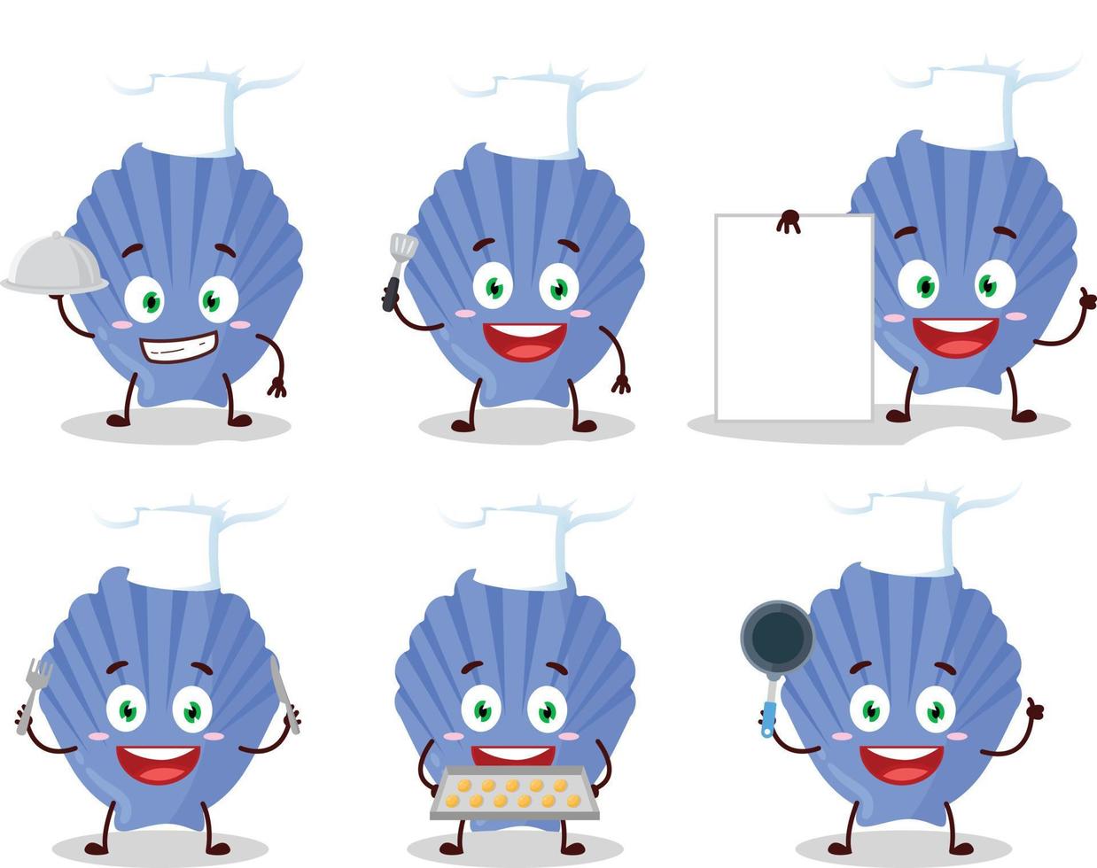 Cartoon character of blue shell with various chef emoticons vector